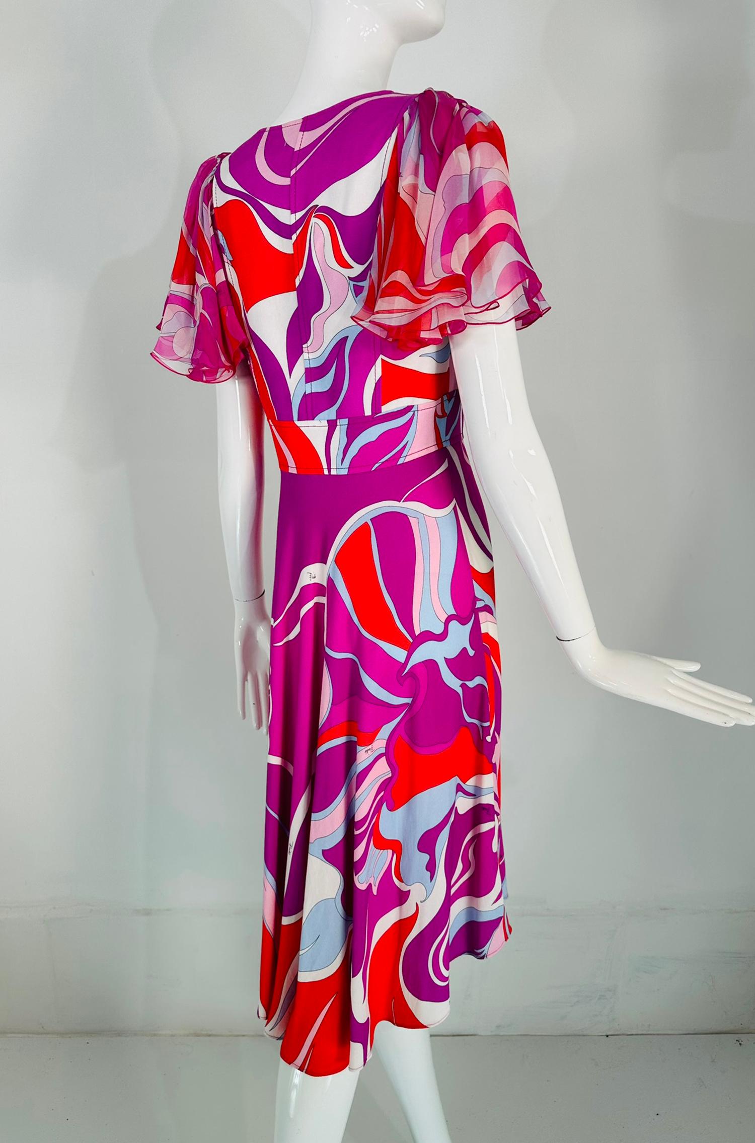 Emilio Pucci V Neck Ruffle Chiffon Sleeve Bias Cut Asymmetrical Hem Dress US 6 For Sale 2