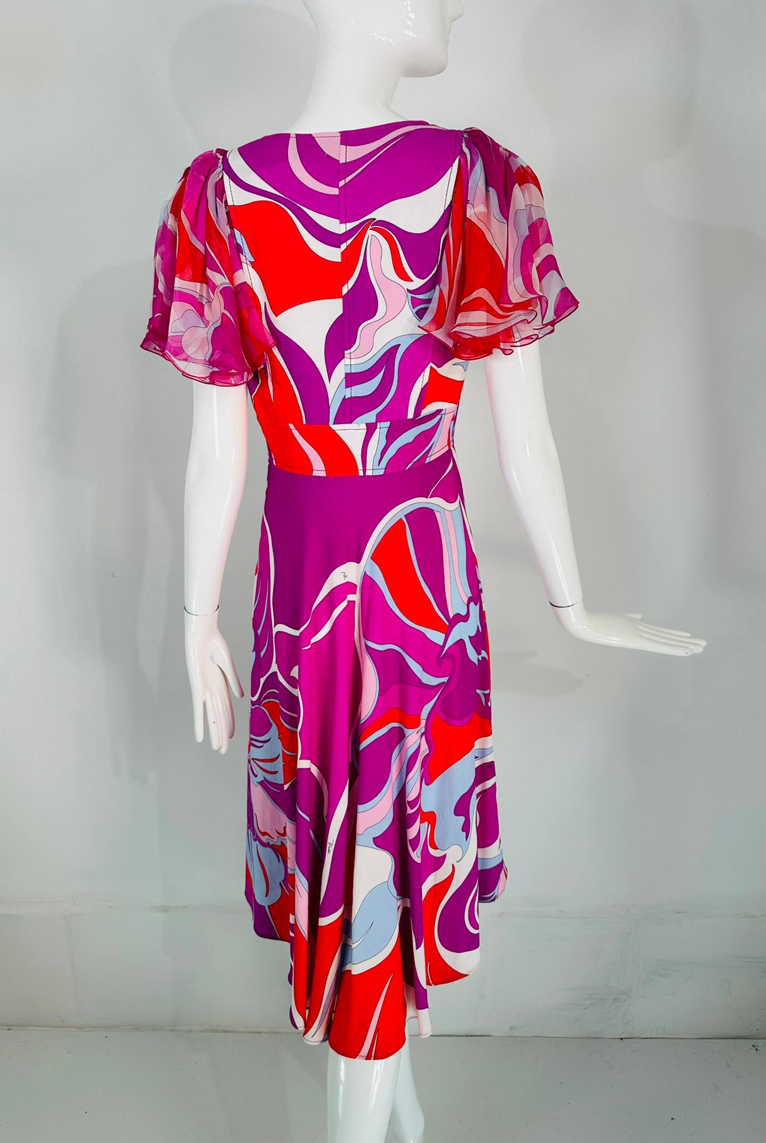 Emilio Pucci V Neck Ruffle Chiffon Sleeve Bias Cut Asymmetrical Hem Dress US 6 For Sale 3