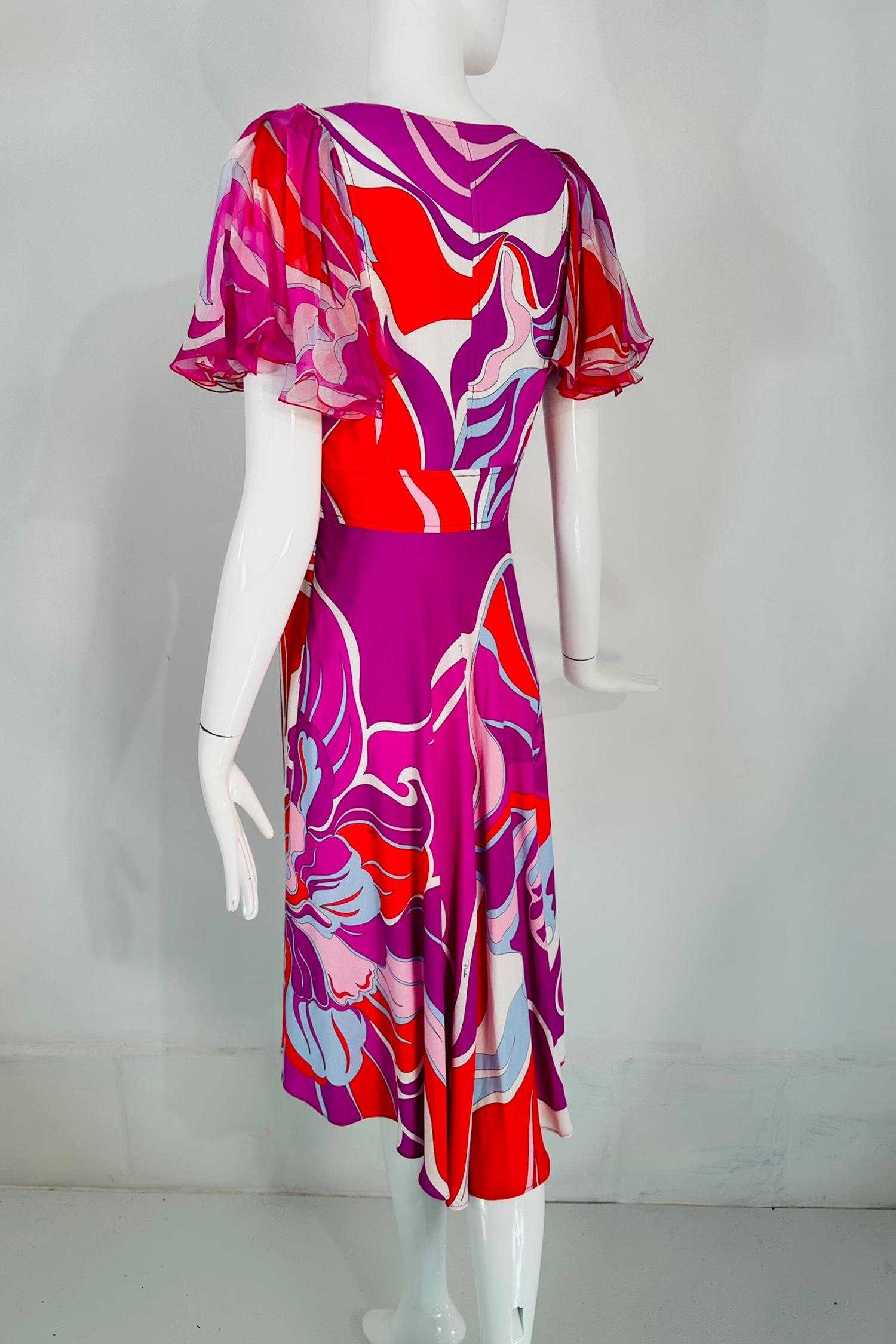 Emilio Pucci V Neck Ruffle Chiffon Sleeve Bias Cut Asymmetrical Hem Dress US 6 For Sale 4