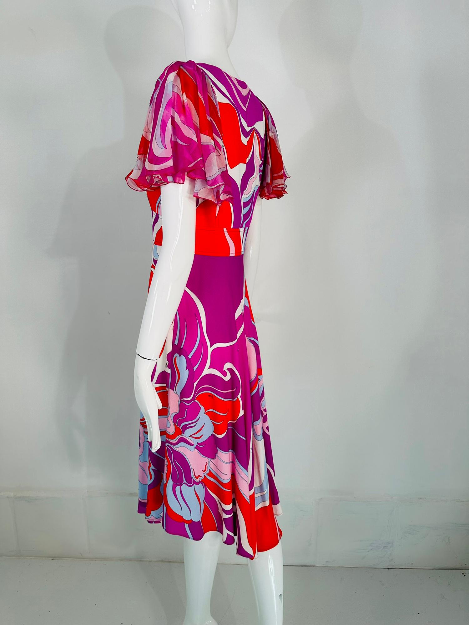 Emilio Pucci V Neck Ruffle Chiffon Sleeve Bias Cut Asymmetrical Hem Dress US 6 For Sale 5