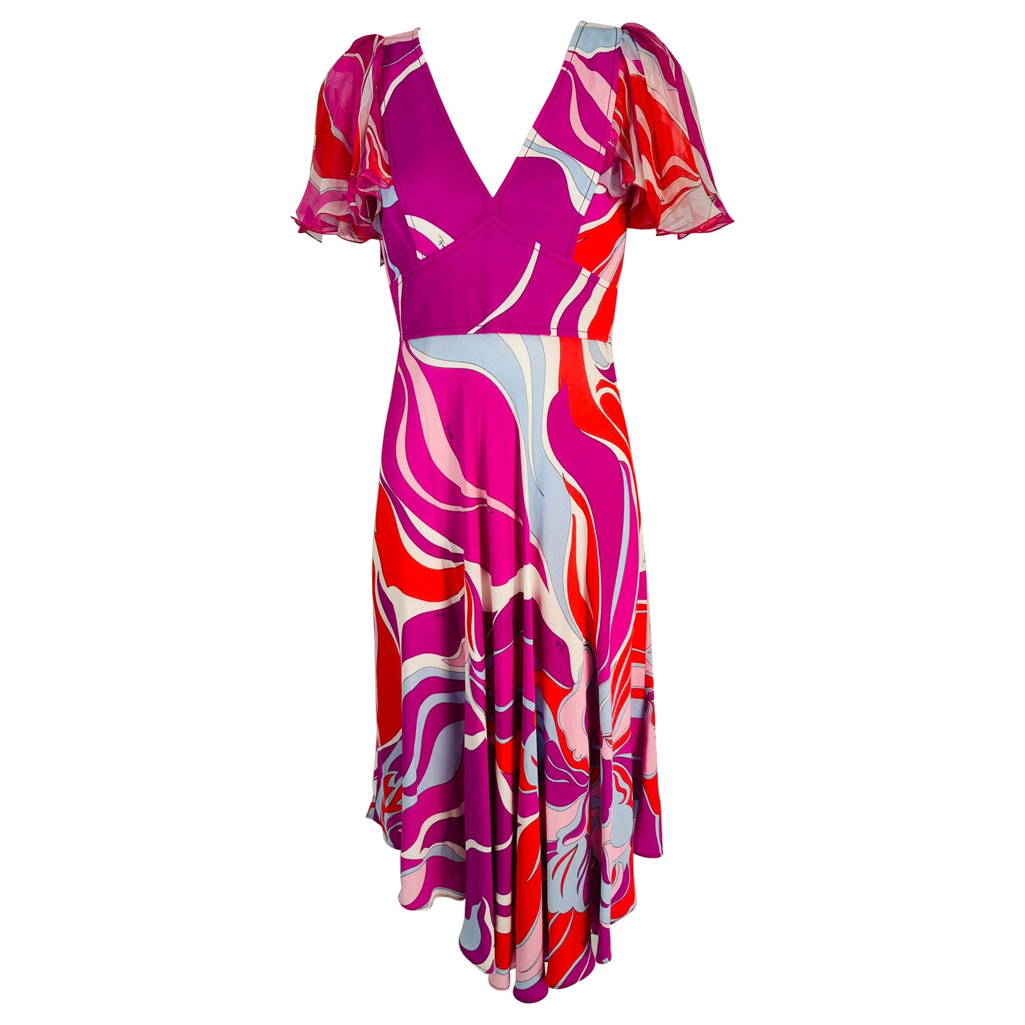 Emilio Pucci V Neck Ruffle Chiffon Sleeve Bias Cut Asymmetrical Hem Dress US 6 en venta