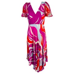 Emilio Pucci V-Ausschnitt Rüschen Chiffon Ärmel Bias Cut Asymmetrischer Saum Kleid US 6