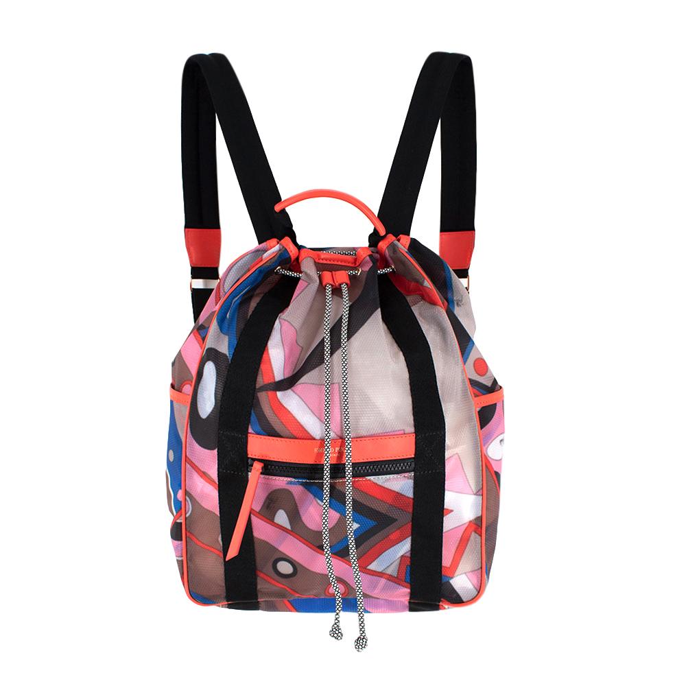 Emilio Pucci Vallauris print backpack

- Round Top Handle 
- All-over Print 
- Drawstring Fastening 
- Adjustable Shoulder Straps
- Side Slit Pockets
- Front Zip Pockets
- Magnetic Fastening 
- Leather Trim 

Strap Drop: 43cm
Width: 12.5
Length: