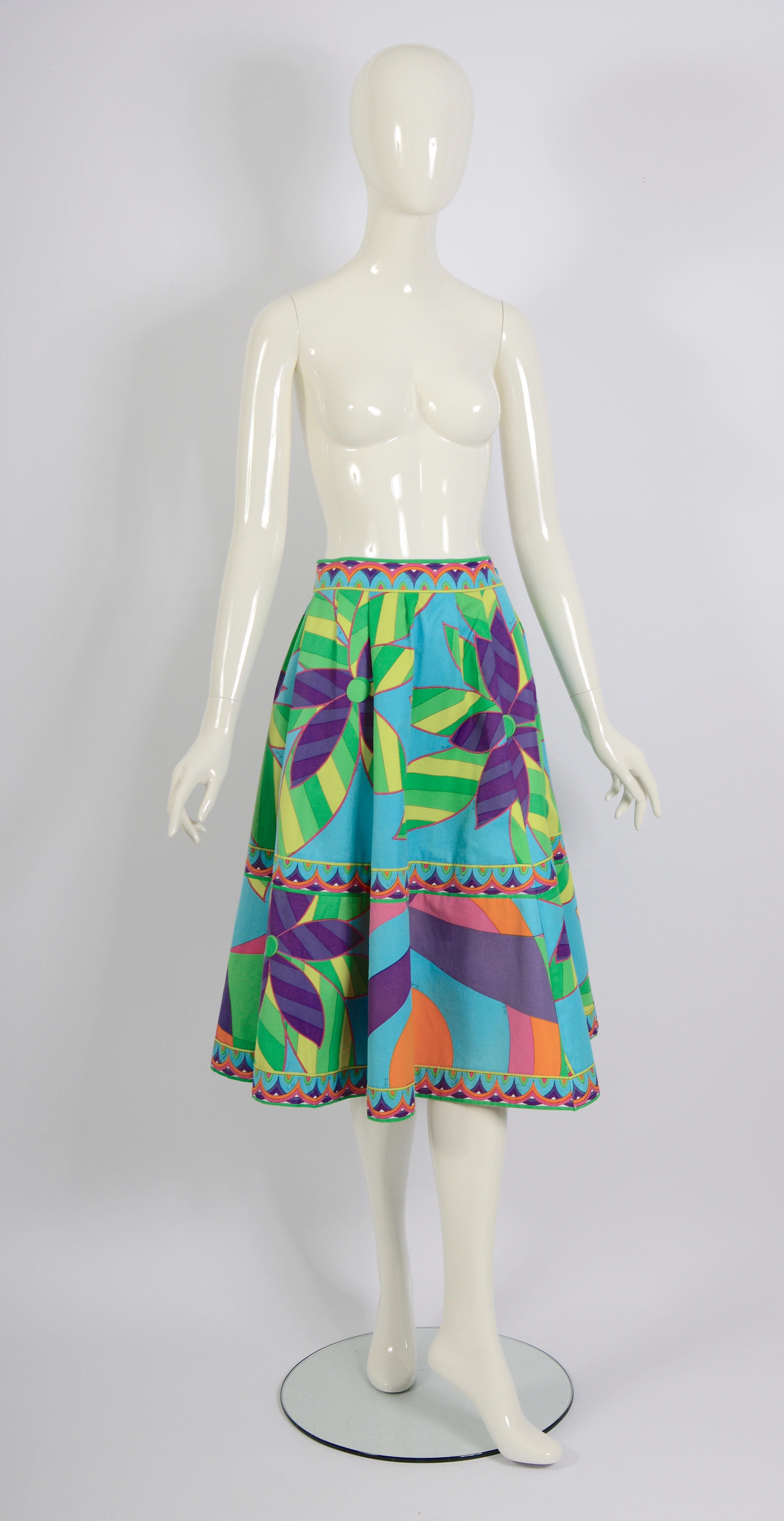 Blue Emilio Pucci vintage 1960s signed flower print cotton circle skirt. For Sale