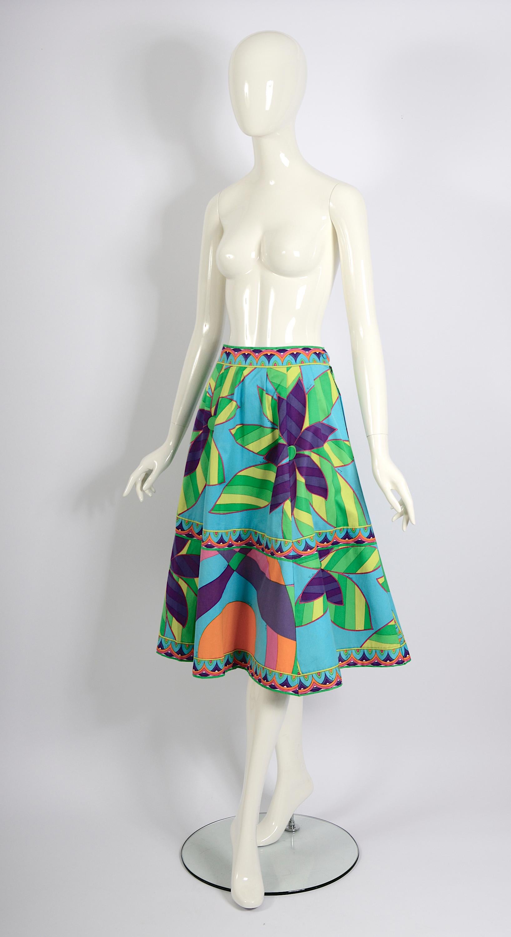 Women's Emilio Pucci vintage 1960s signed flower print cotton circle skirt. For Sale
