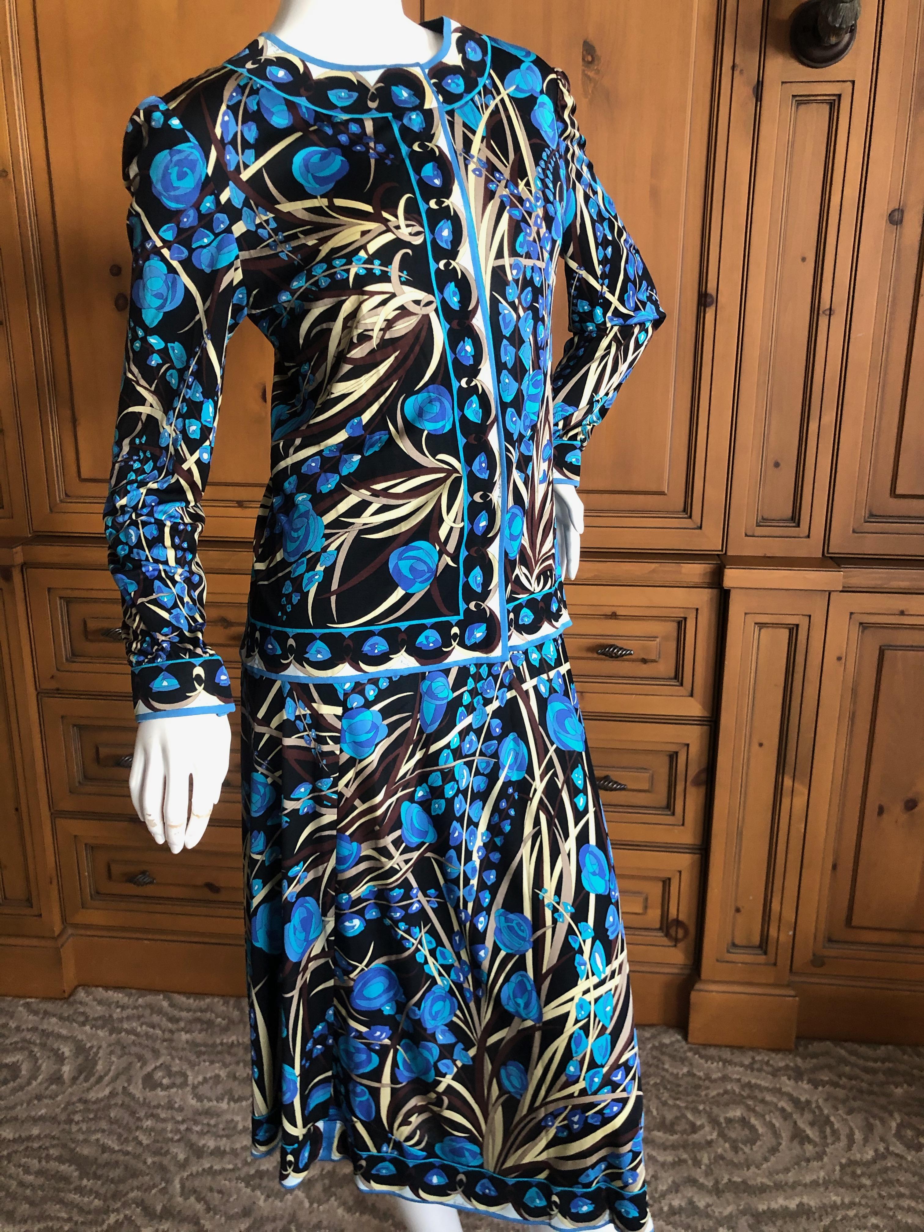 Emilio Pucci Vintage 1960's Silk Jersey Delphinium Print  2 Pc Dress Set  In Excellent Condition For Sale In Cloverdale, CA