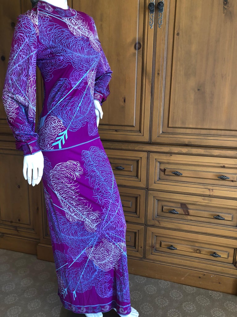 1960s Emilio Pucci Feather Print Off Shoulder Silk Jersey Dress