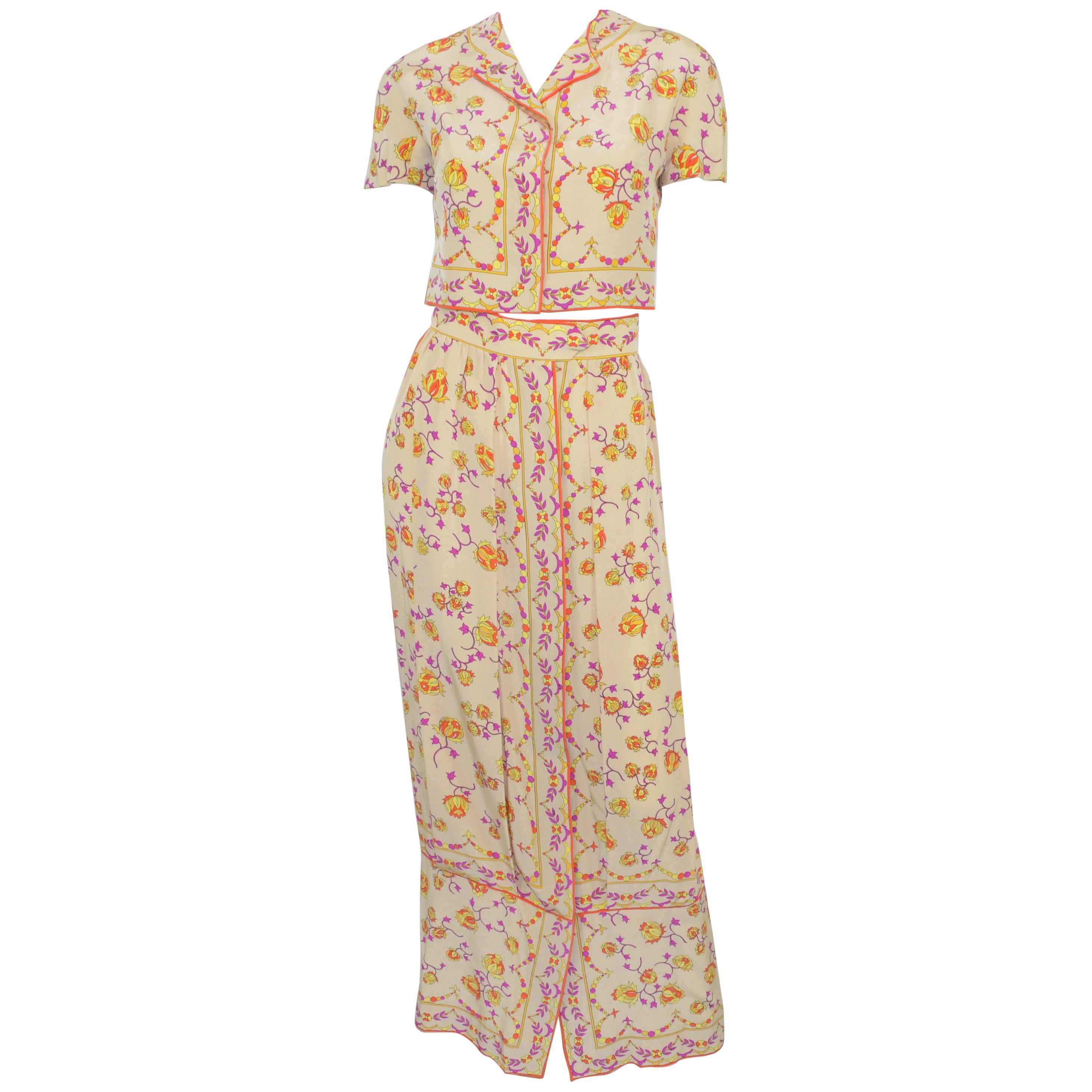 Emilio Pucci Vintage 1970's Print Cropped Top and Maxi Skirt Set