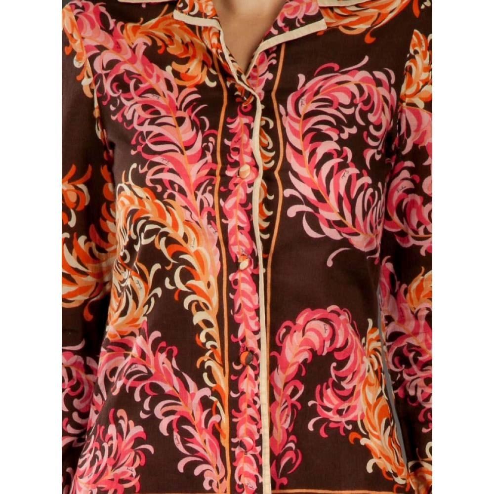 Emilio Pucci Vintage brown cotton 70s suit with fuchsia and orange iconic  1