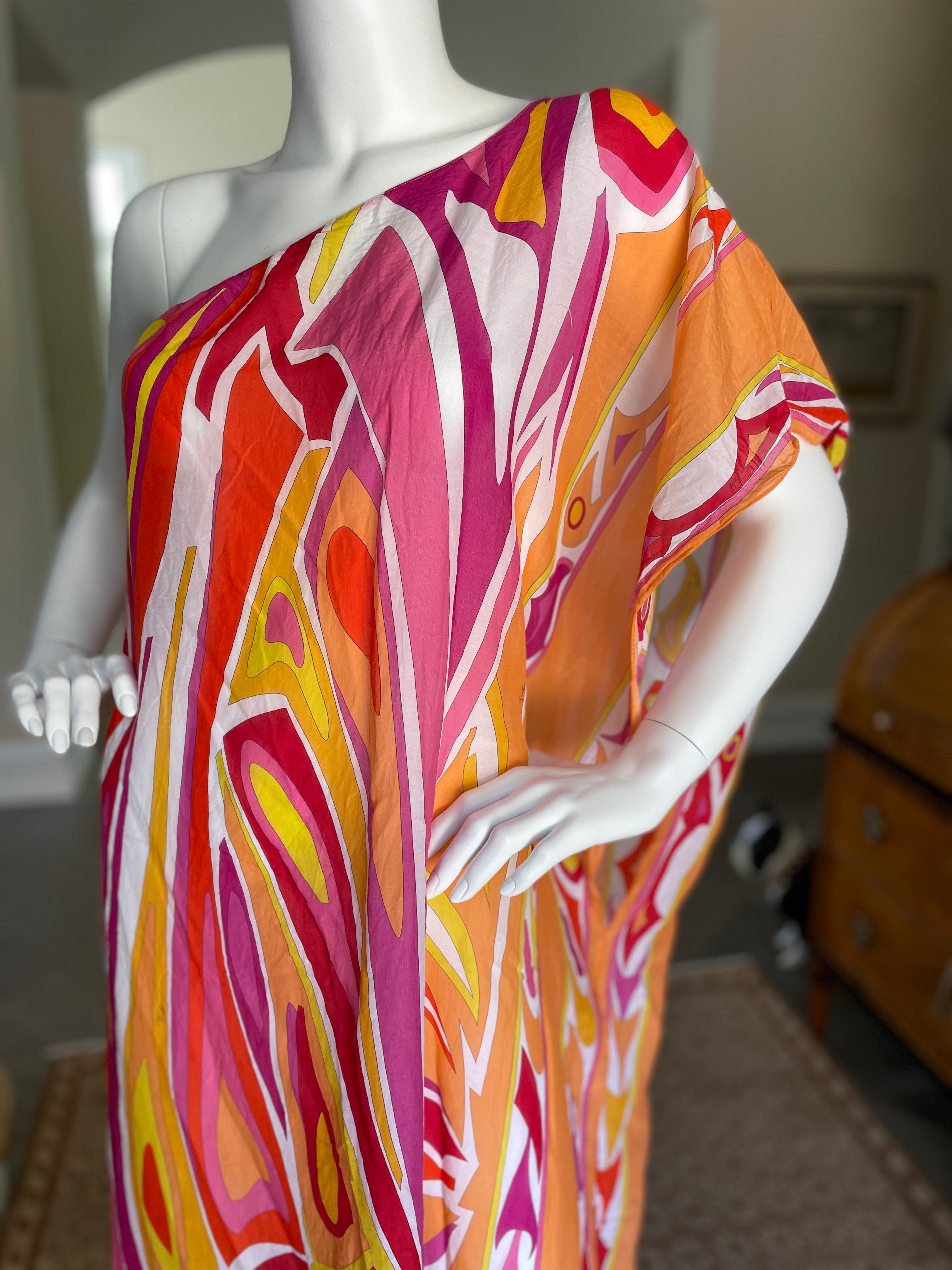 Emilio Pucci Vintage Cotton Silk Blend One Shoulder Caftan Beach Cover In Excellent Condition For Sale In Cloverdale, CA