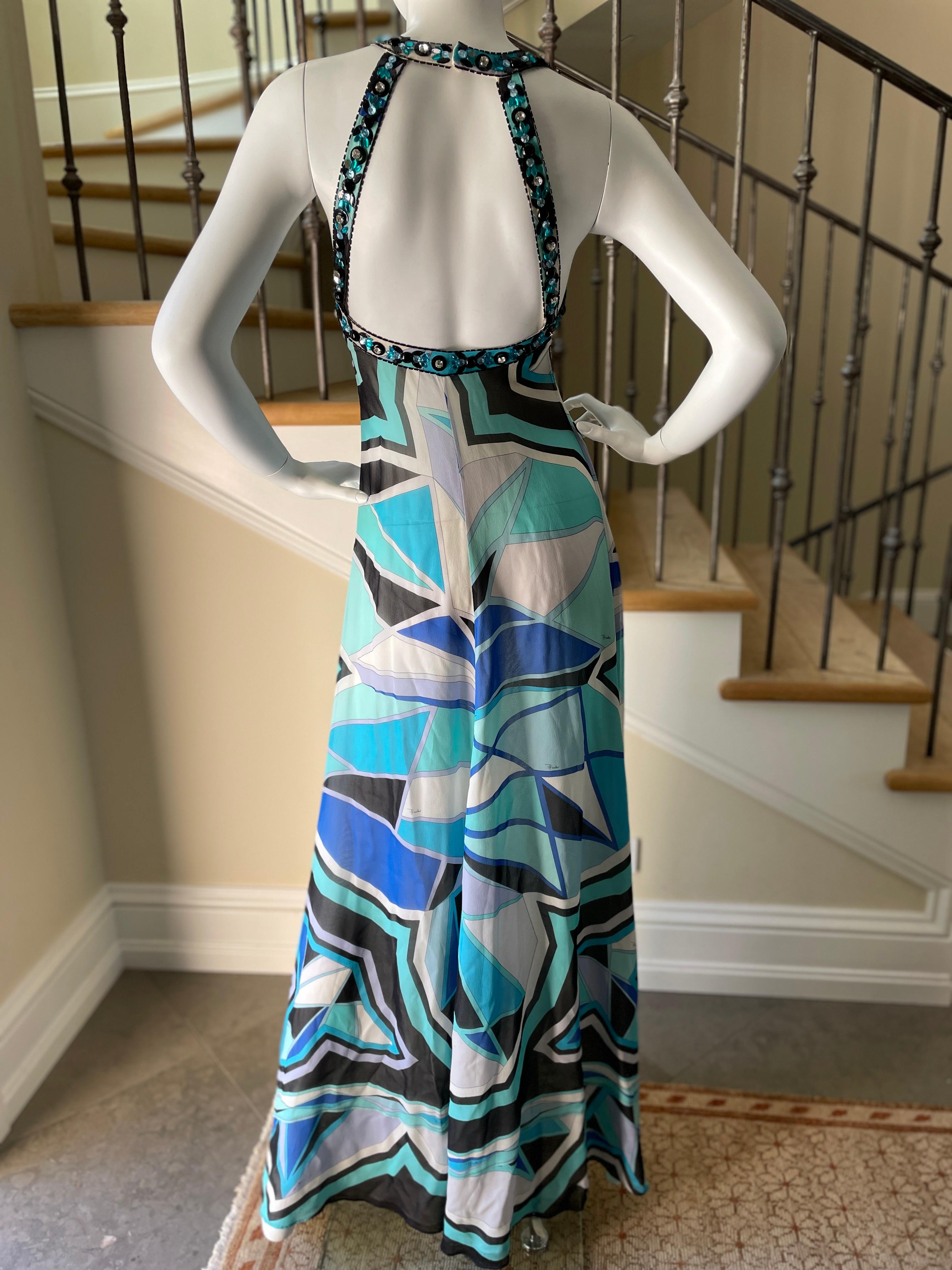 Emilio Pucci Vintage Embellished Silk Evening Dress with Sexy Back For Sale 5