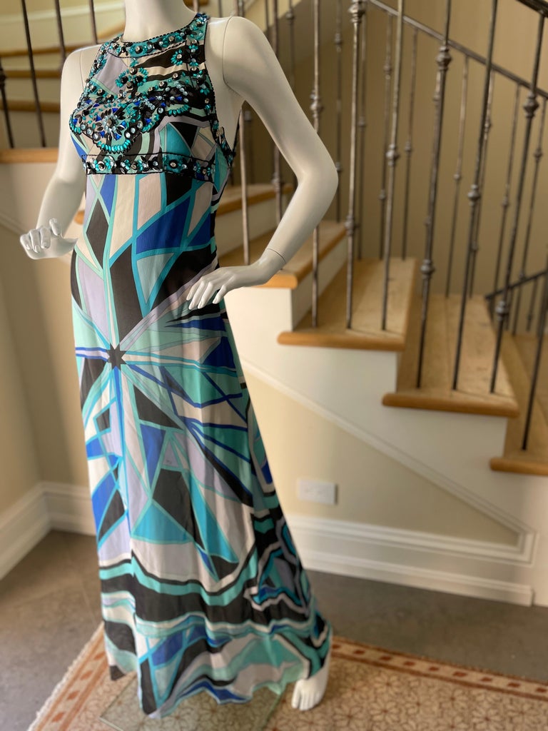 Emilio Pucci Vintage Embellished Silk Evening Dress with Sexy Back