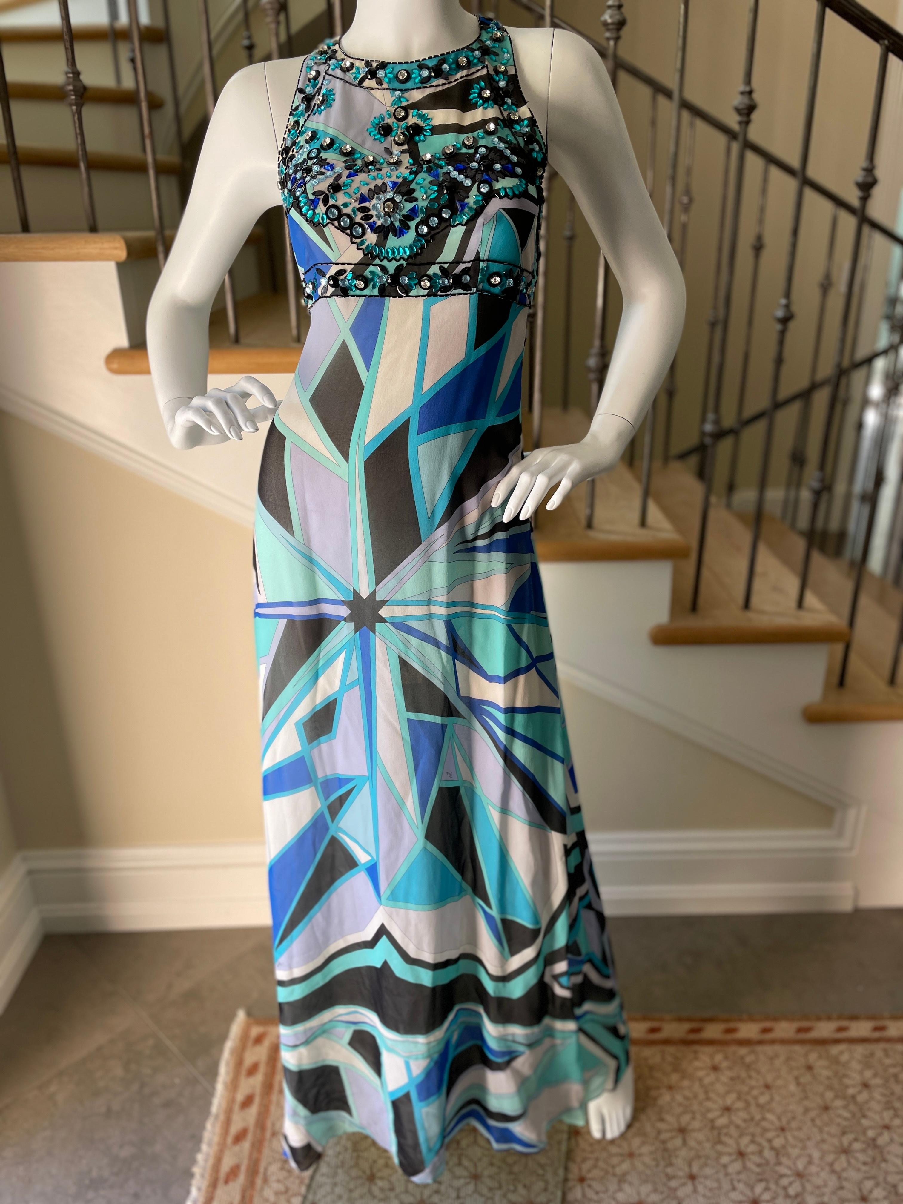 Women's or Men's Emilio Pucci Vintage Embellished Silk Evening Dress with Sexy Back For Sale