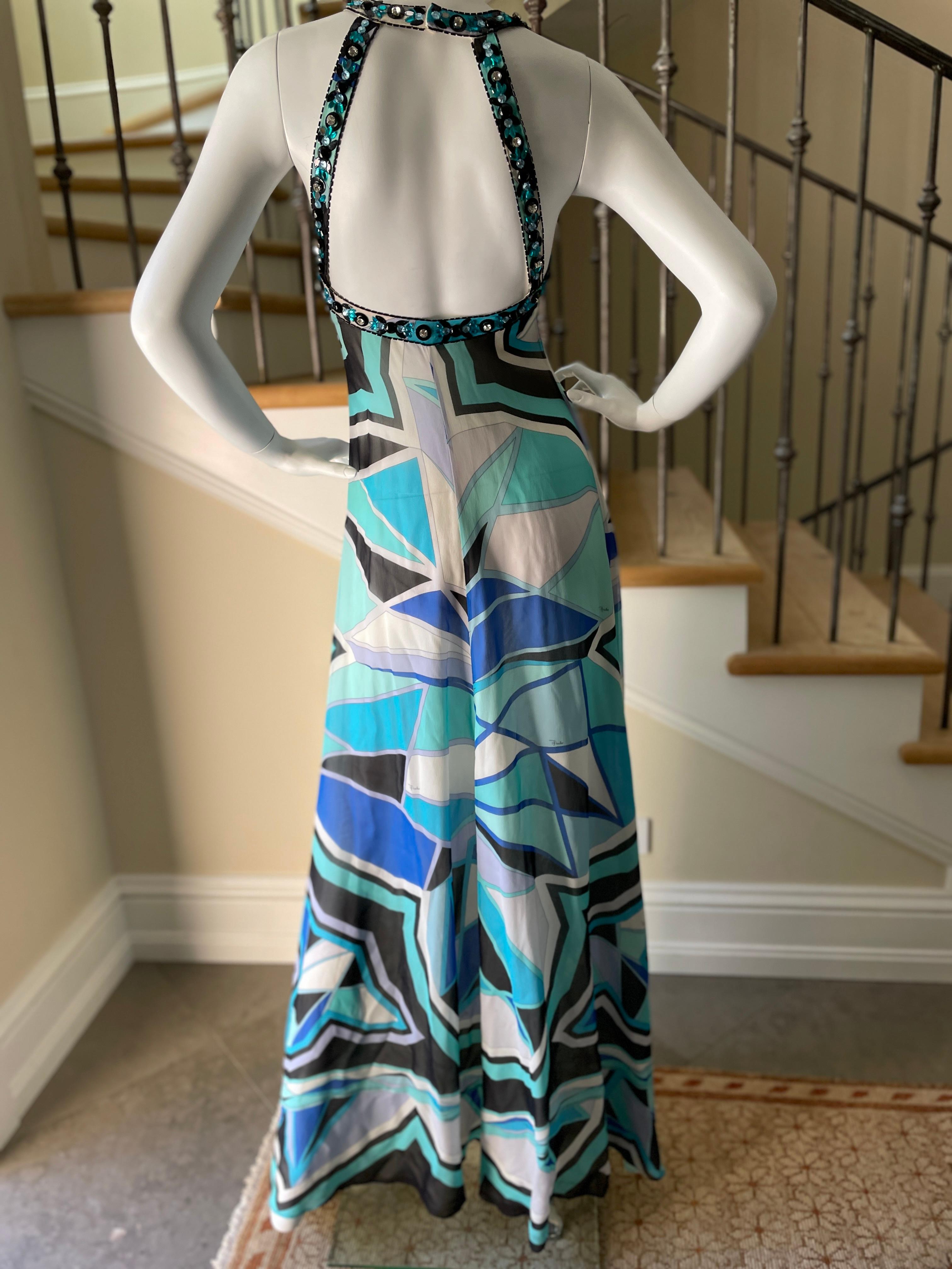Emilio Pucci Vintage Embellished Silk Evening Dress with Sexy Back In Good Condition In Cloverdale, CA