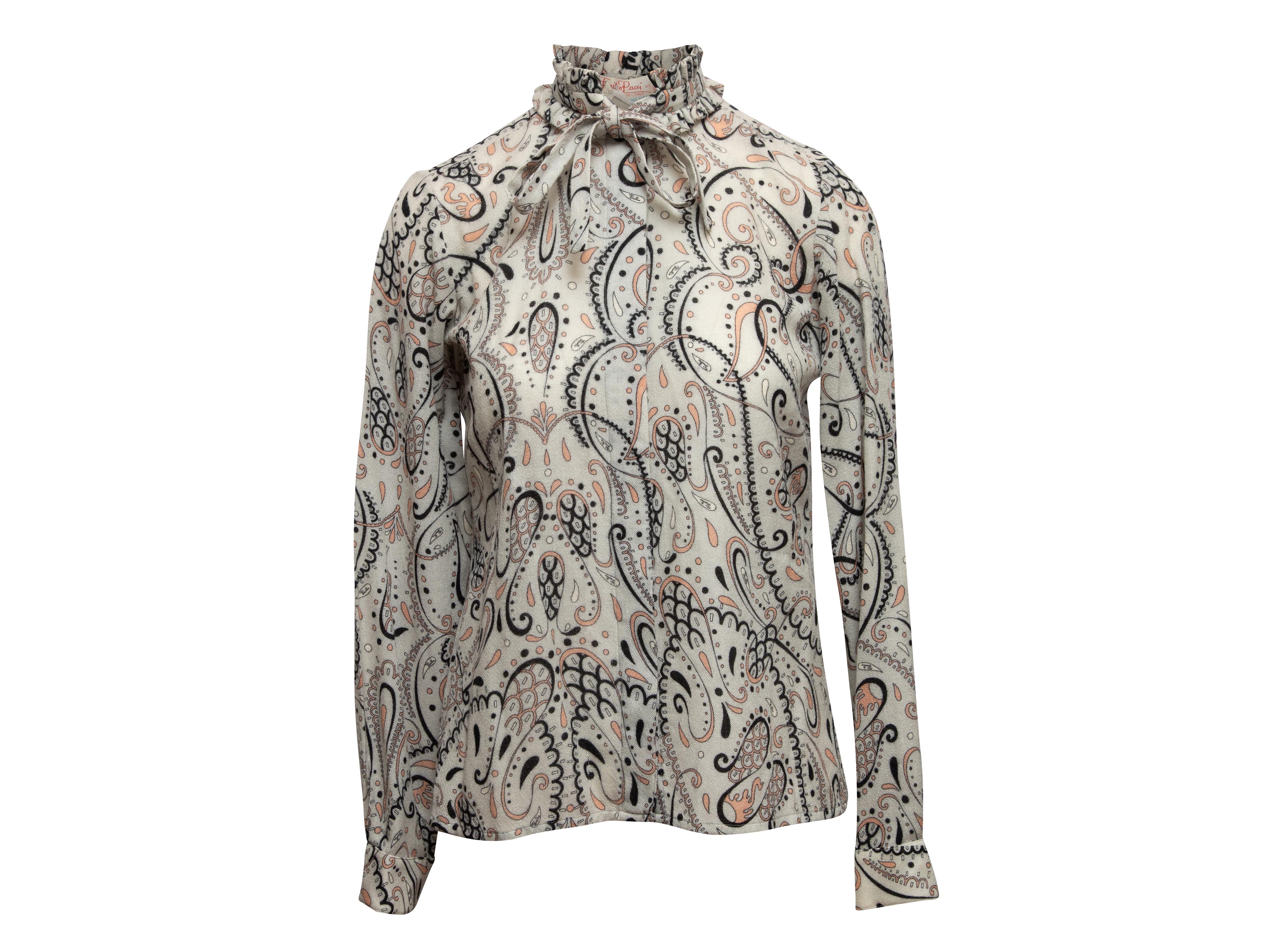 Gray Emilio Pucci Vintage Pale Grey Paisley Print Long Sleeve Top For Sale