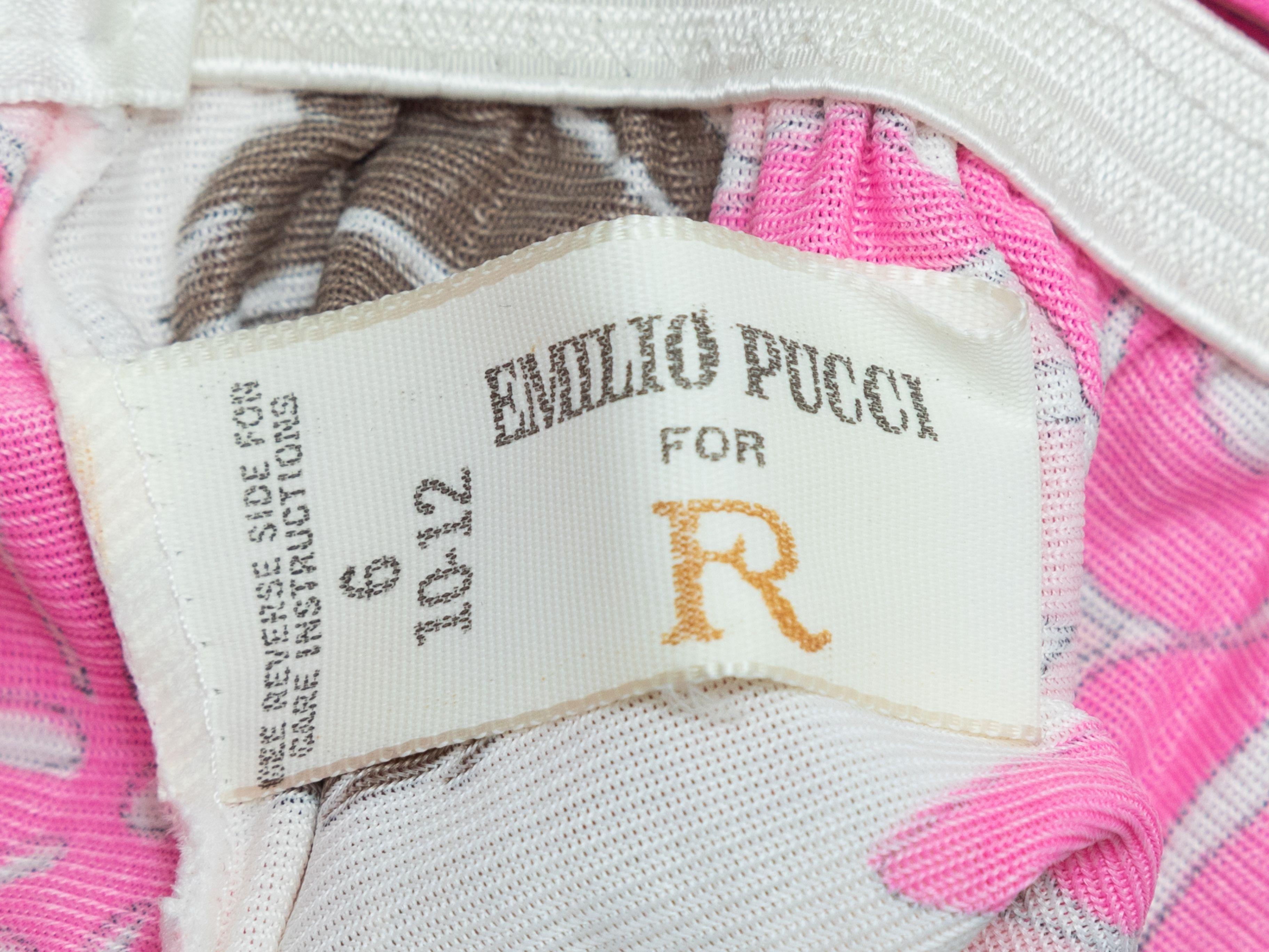 Product Details: Vintage pink and multicolor floral print briefs by Emilio Pucci for Formfit Rogers. Elasticized waistband and leg openings. 25