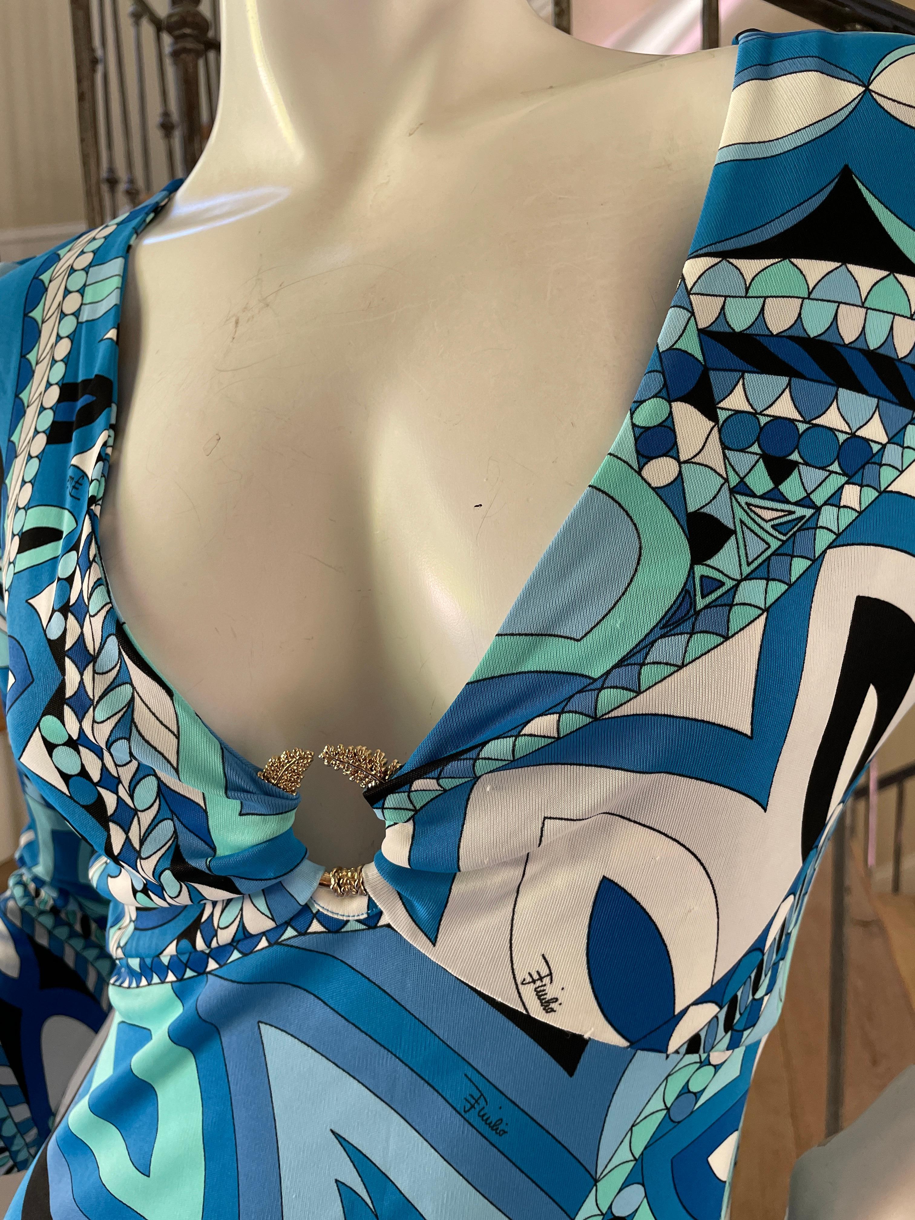 Emilio Pucci Vintage Plunging Blue Long Sleeve Low Cut Maxi Dress  For Sale 1