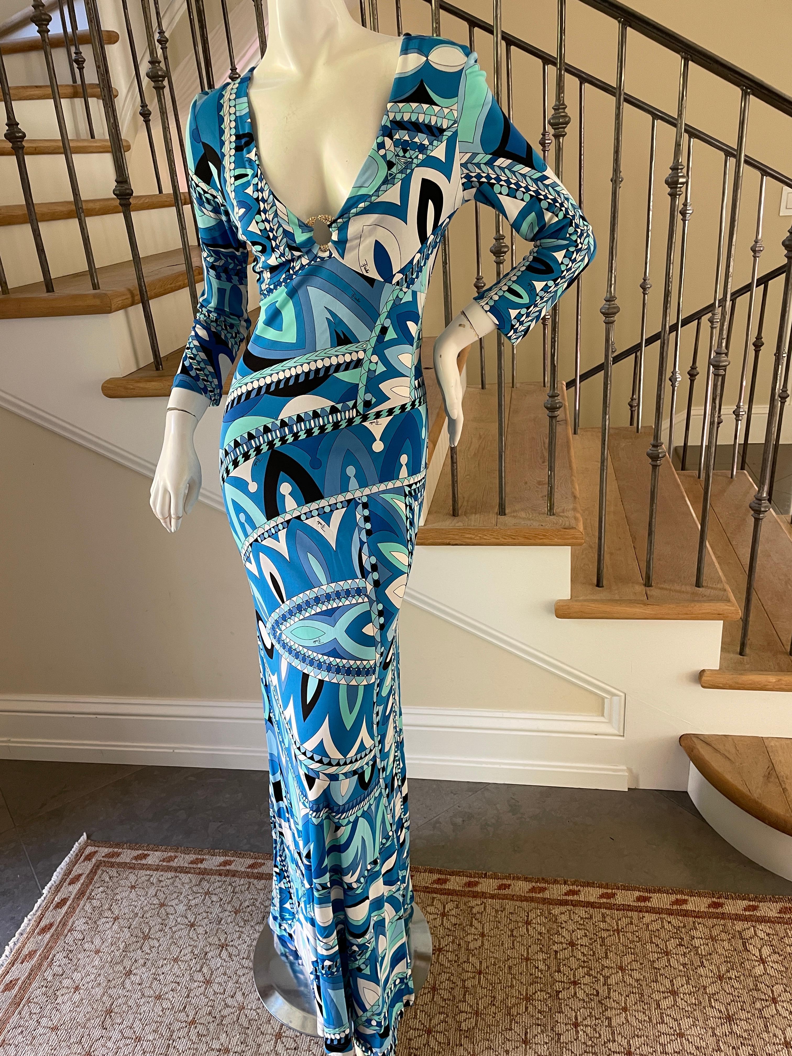 Emilio Pucci Vintage Plunging Blue Long Sleeve Low Cut Maxi Dress  For Sale 2