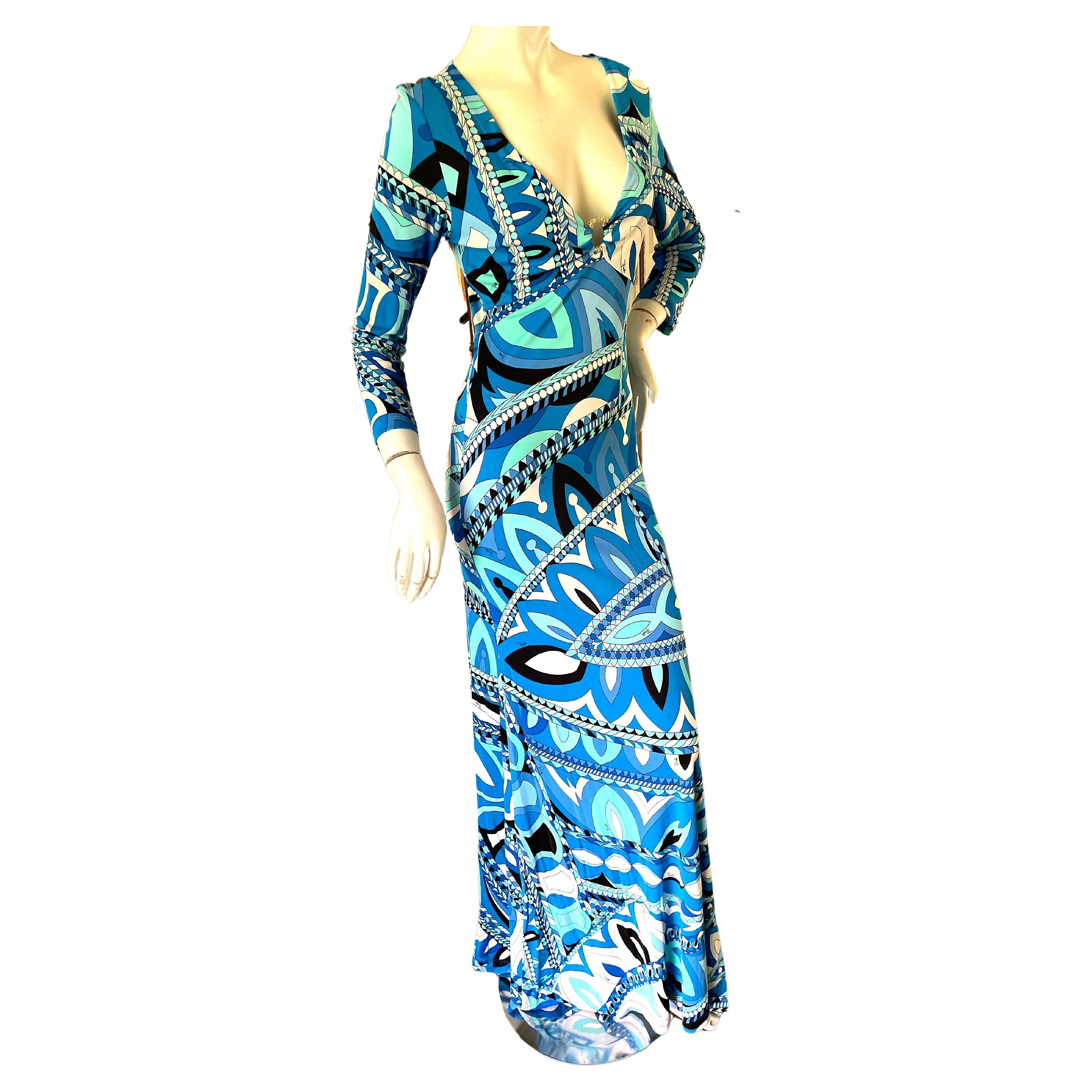 Emilio Pucci Vintage Plunging Blue Long Sleeve Low Cut Maxi Dress  For Sale