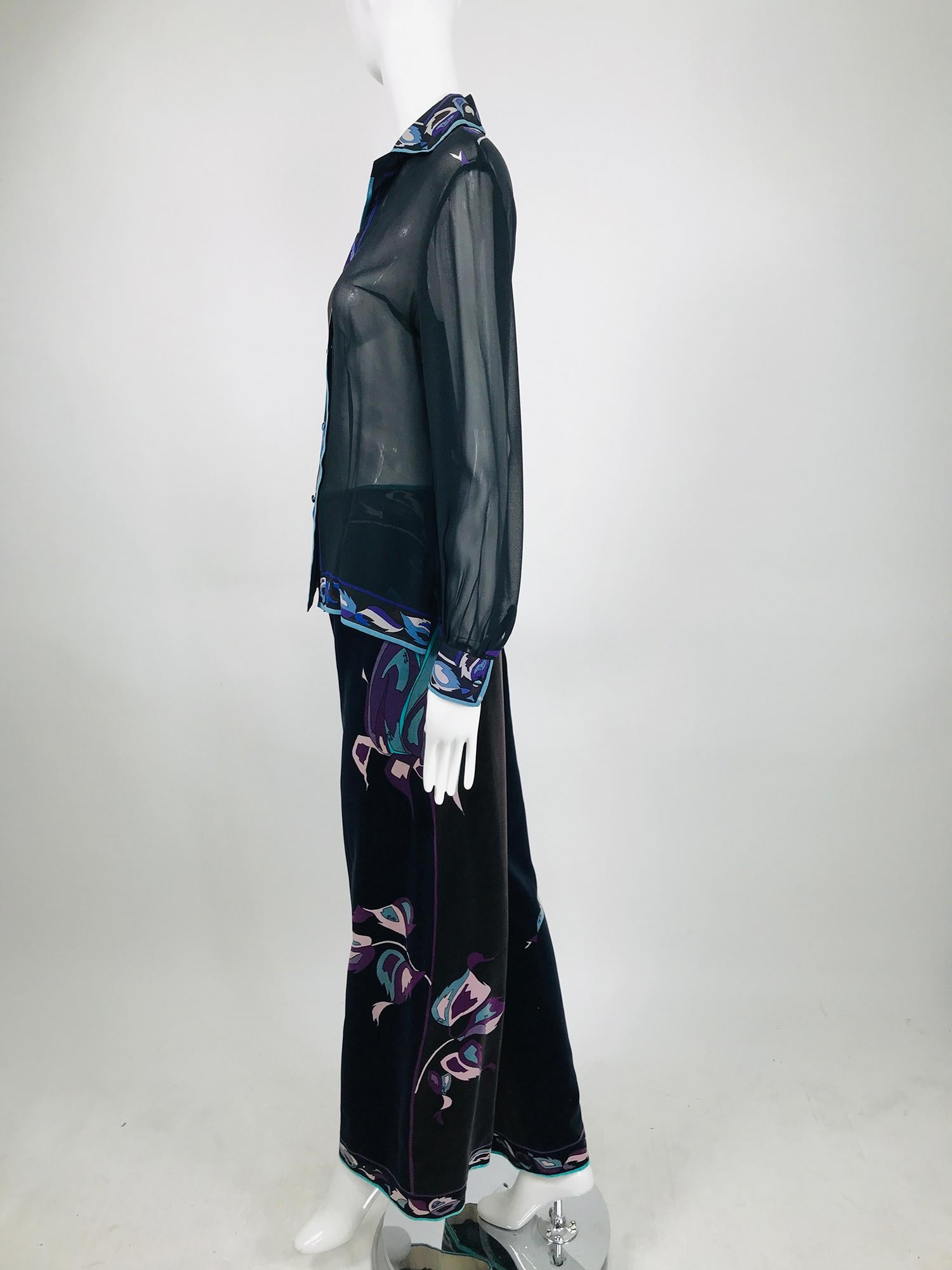 Emilio Pucci Vintage Printed Silk Chiffon and Velvet Trouser set 1970s For Sale 6