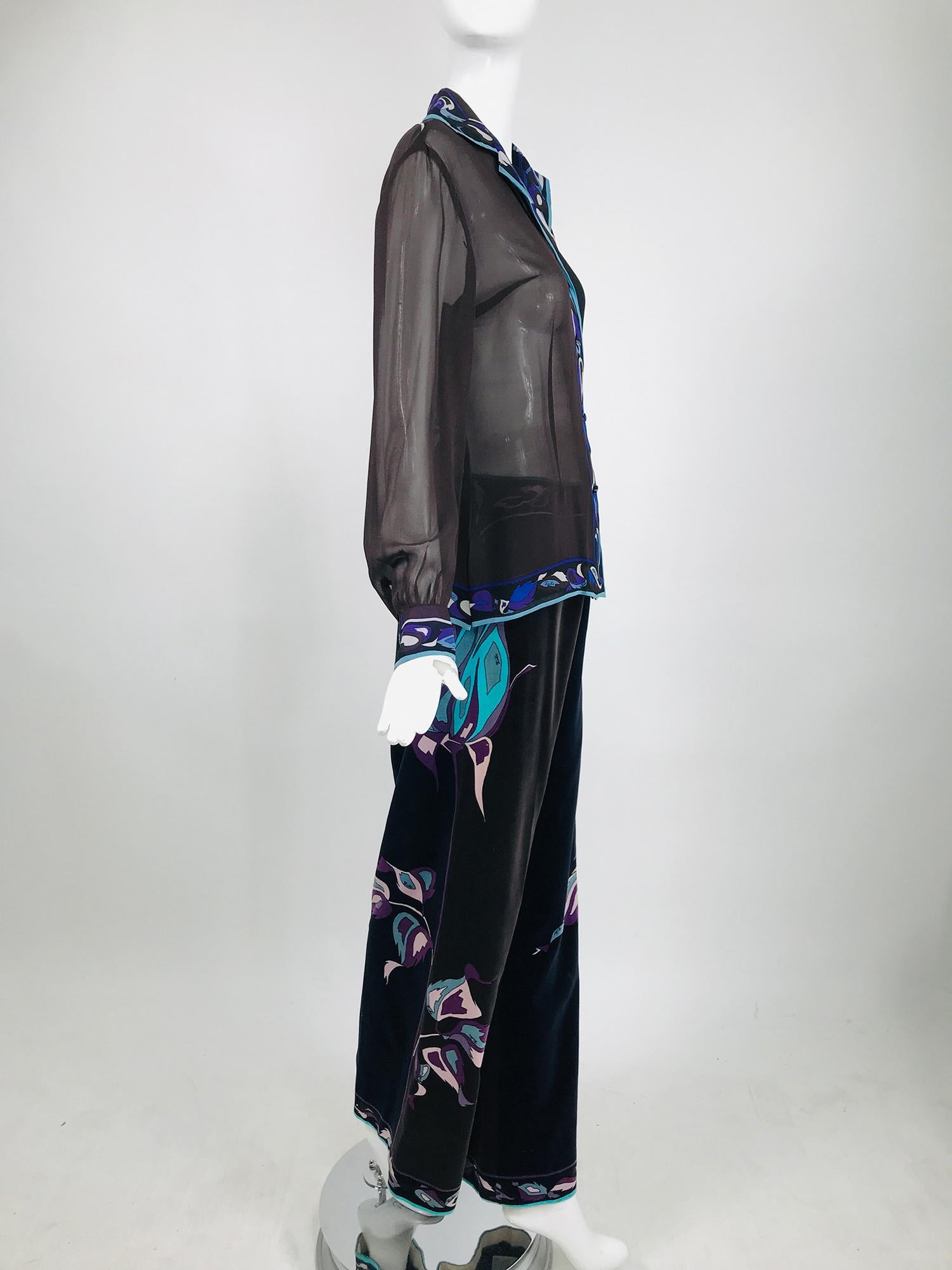 Nero Emilio Pucci, set di pantaloni in velluto e chiffon di seta stampata vintage degli anni '70