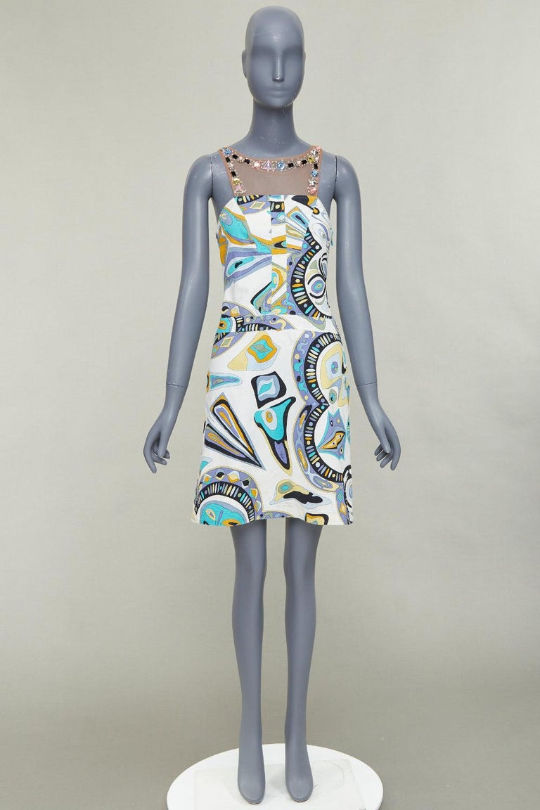 EMILIO PUCCI Vintage rhinestone mesh collar signature graphic print dress  IT40 M For Sale at 1stDibs