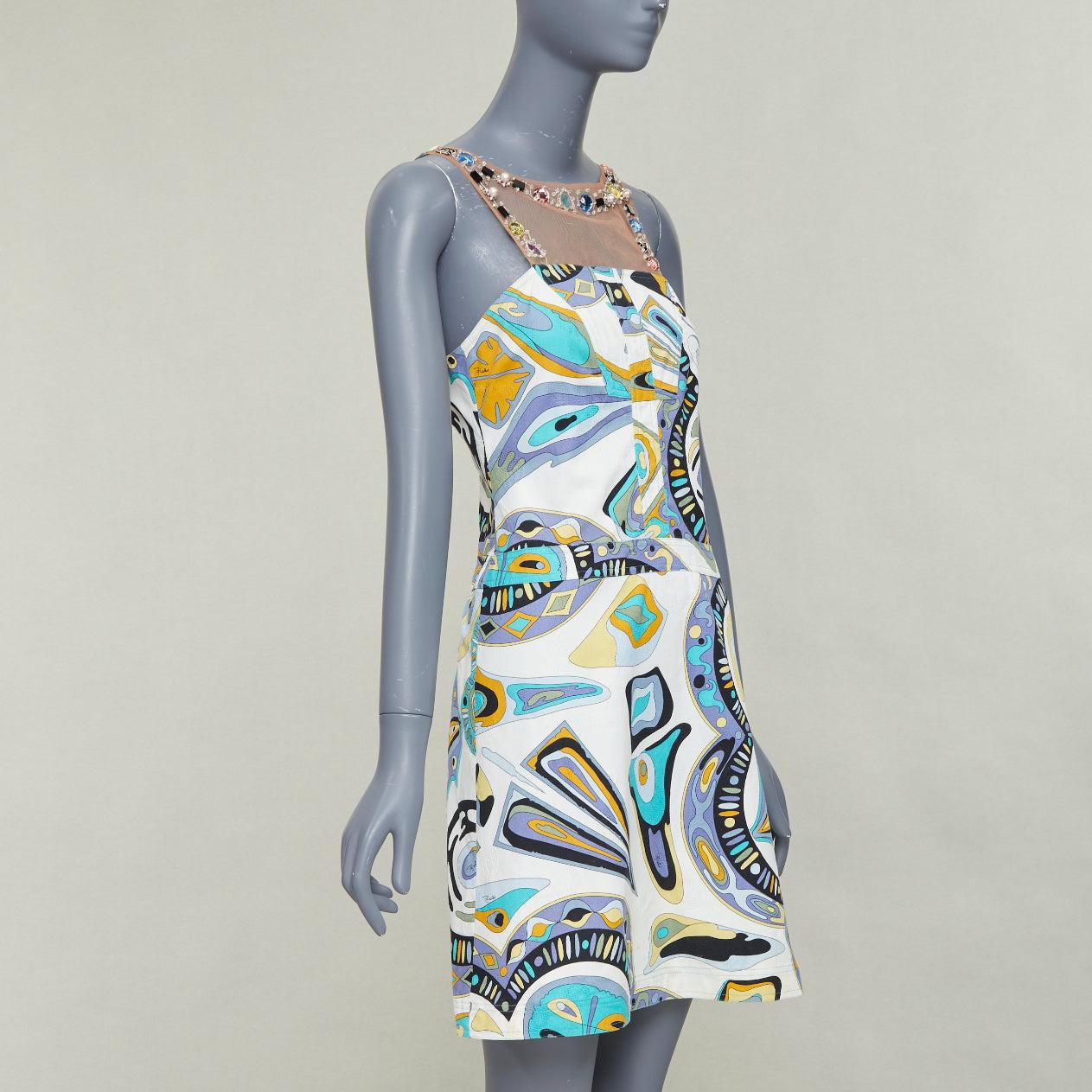 EMILIO PUCCI Vestido vintage con estampado gráfico y cuello de malla con pedrería IT40 M Gris en venta