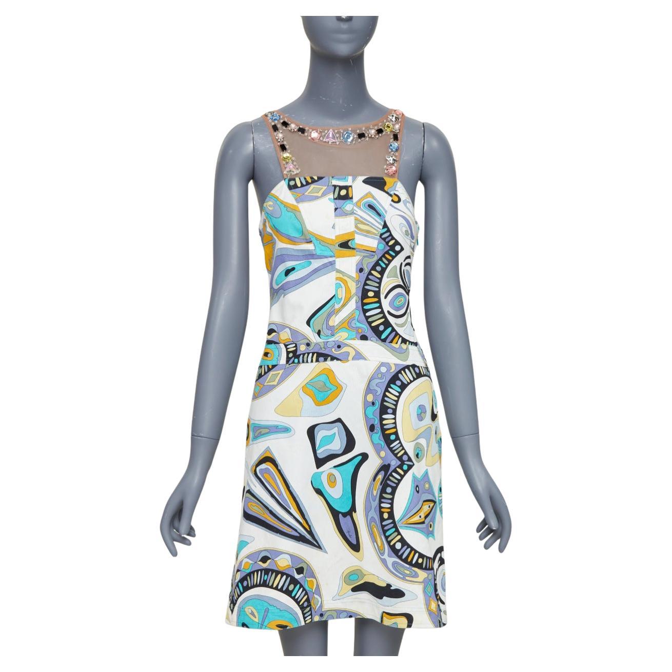 EMILIO PUCCI Vestido vintage con estampado gráfico y cuello de malla con pedrería IT40 M en venta