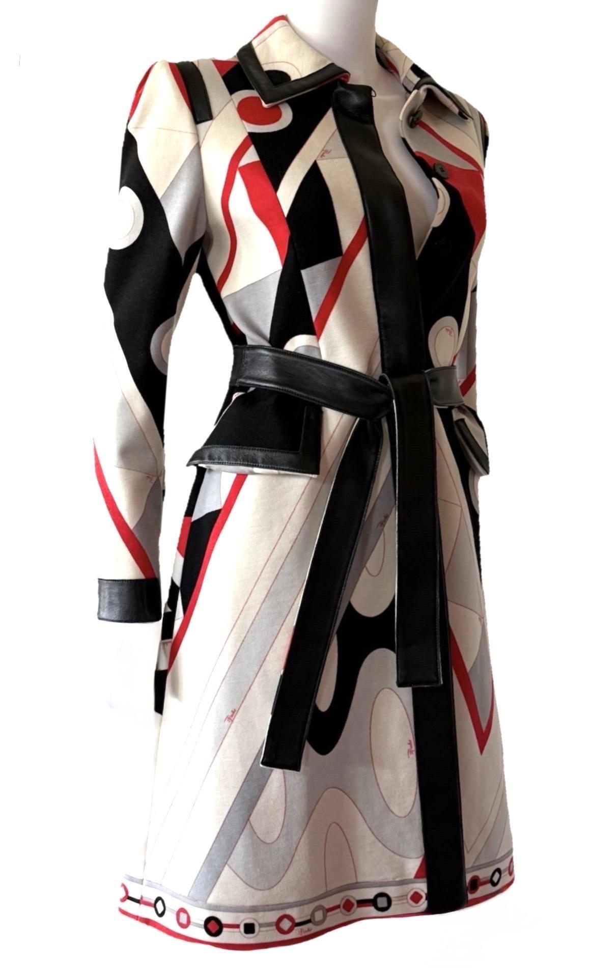 EMILIO PUCCI  Vintage Runway F/W 2003 Abstract Wool & Leather Belted Coat Dress In Good Condition For Sale In Woodland Hills, CA