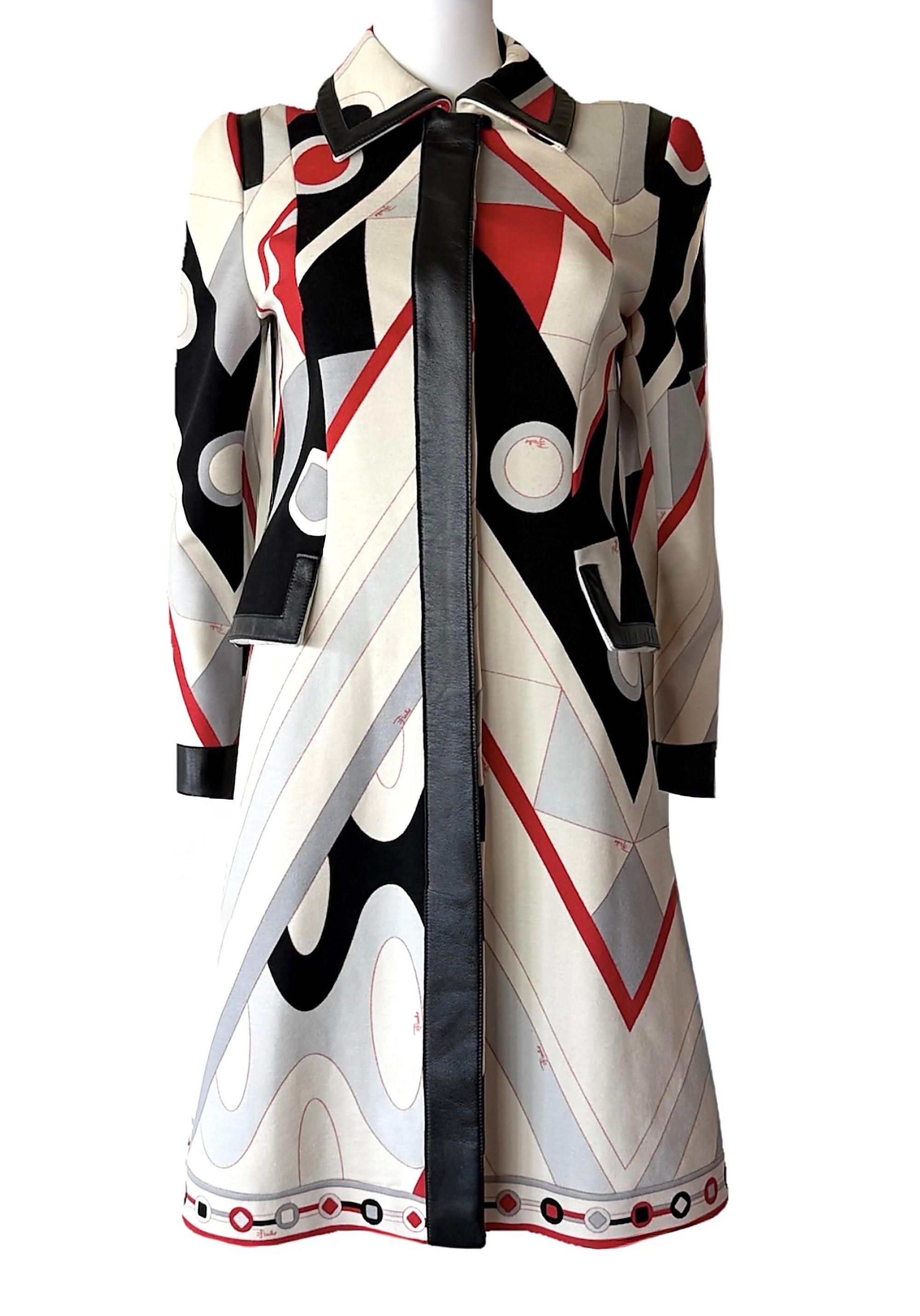 EMILIO PUCCI  Vintage Runway F/W 2003 Abstract Wool & Leather Belted Coat Dress For Sale 2