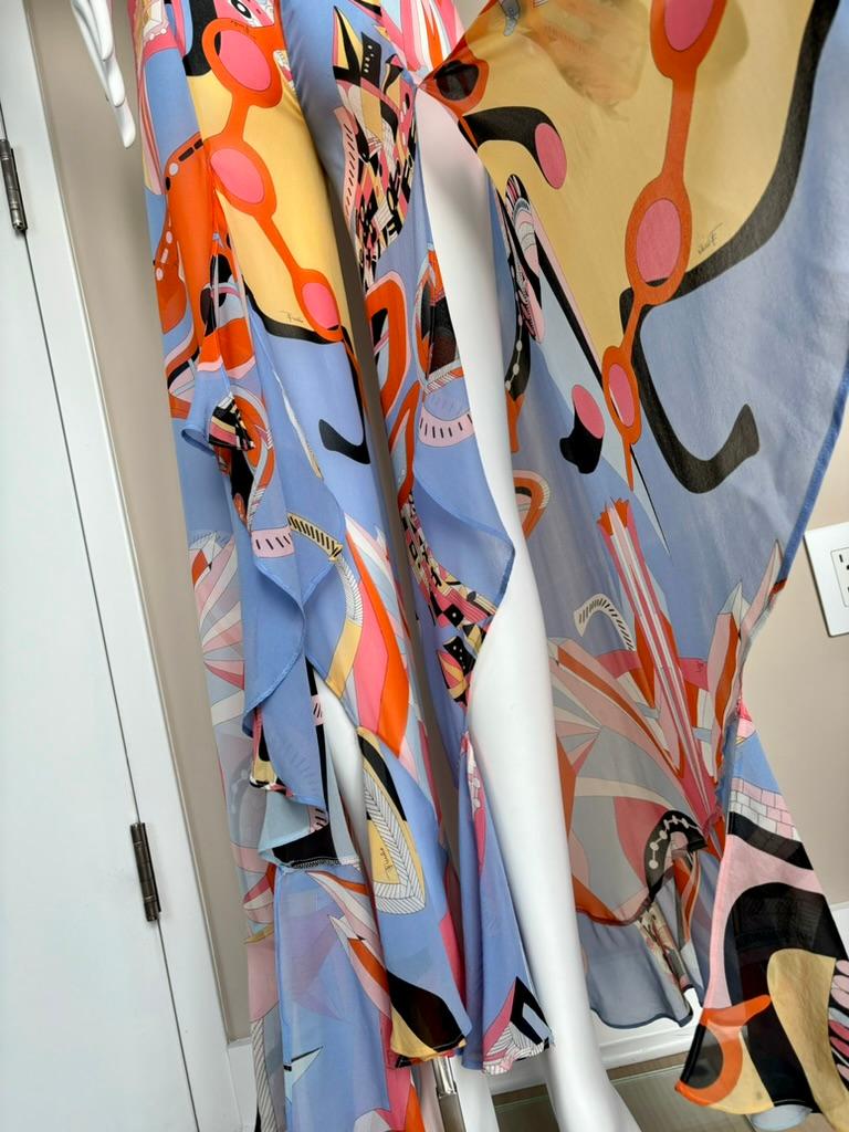 Gray EMILIO PUCCI vintage silk backless halter top with open back pants w. ruffles