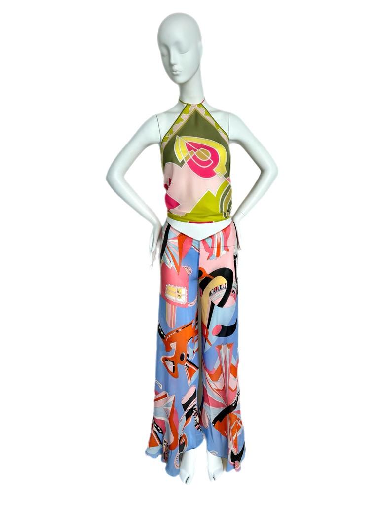 EMILIO PUCCI vintage silk backless halter top with open back pants w. ruffles In Excellent Condition In Leonardo, NJ