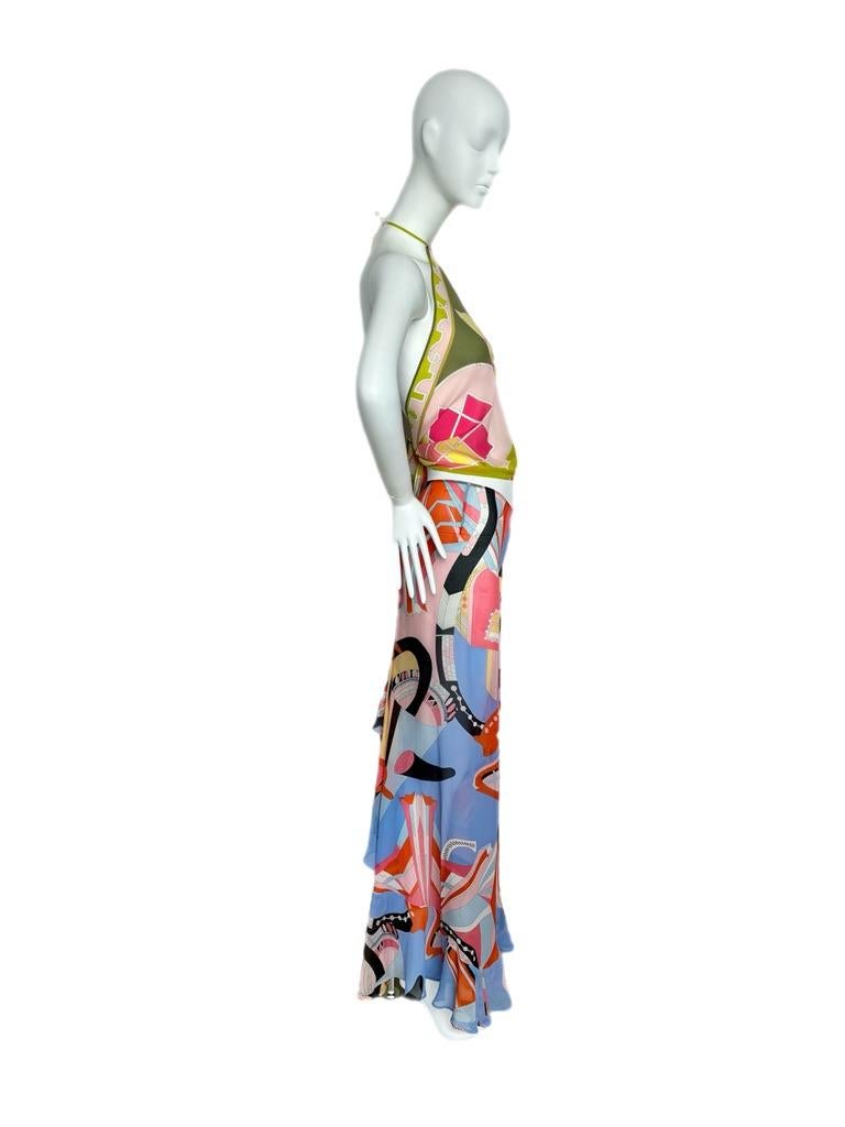 Women's EMILIO PUCCI vintage silk backless halter top with open back pants w. ruffles