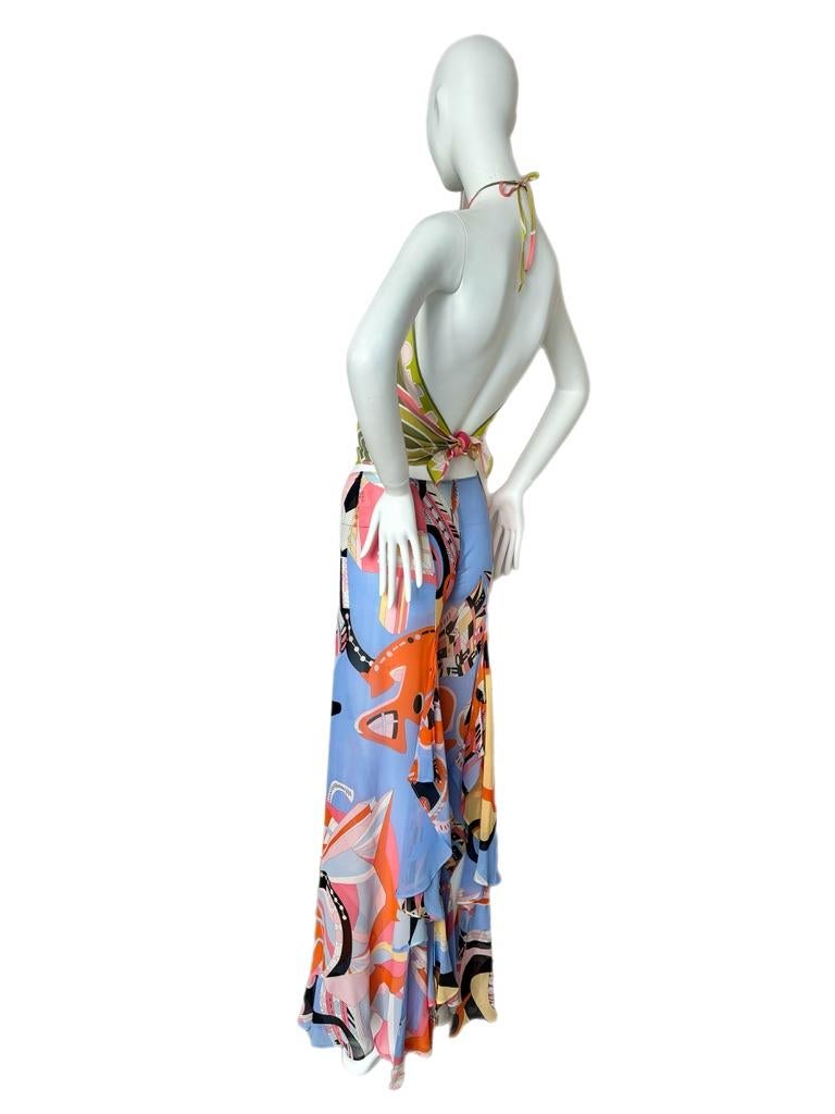 EMILIO PUCCI vintage silk backless halter top with open back pants w. ruffles 3