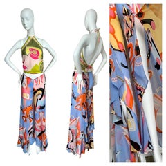 EMILIO PUCCI vintage silk backless halter top with open back pants w. ruffles