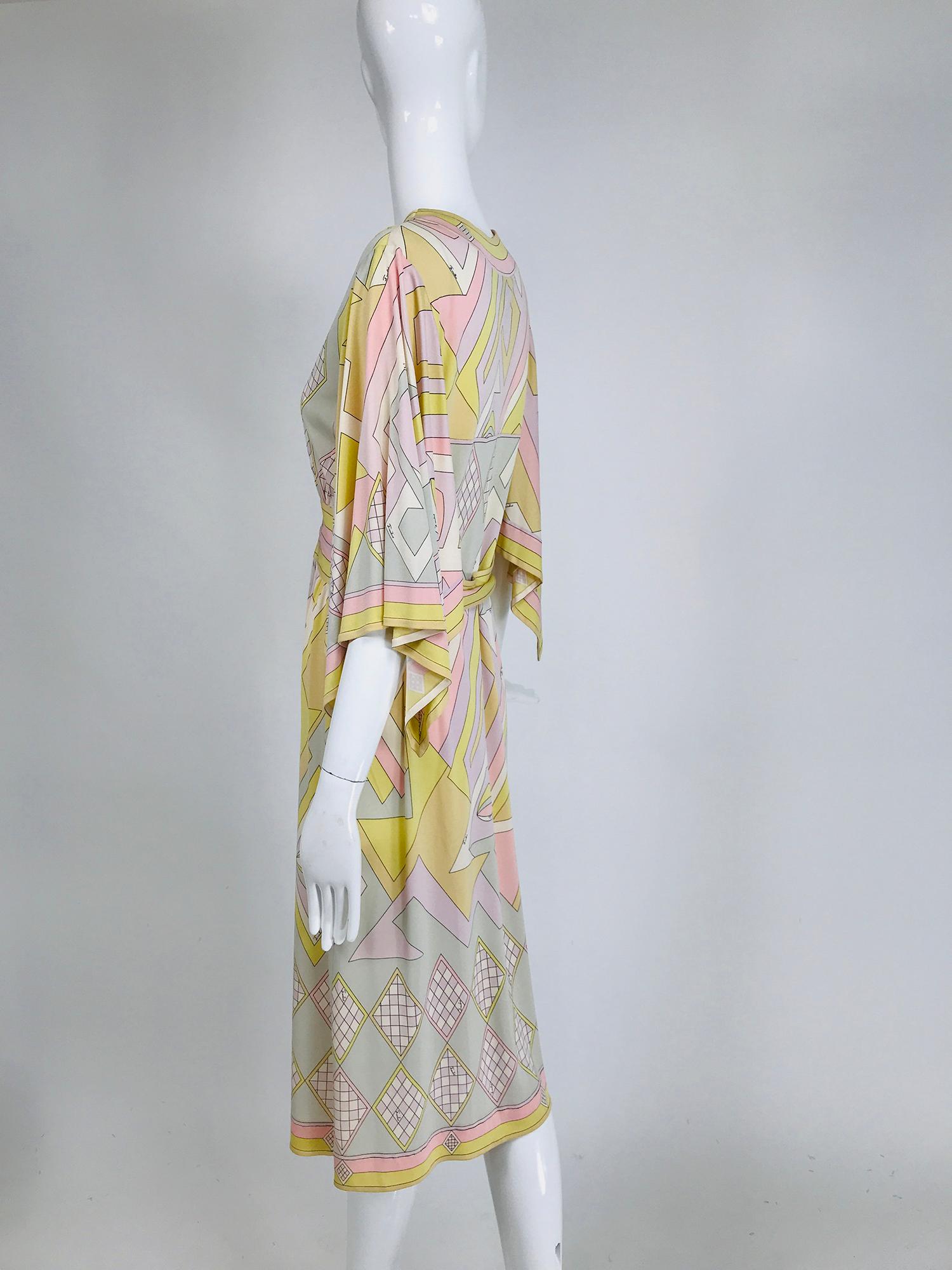 Beige Emilio Pucci Vintage Silk V Neck Kimono Sleeve Day Dress 