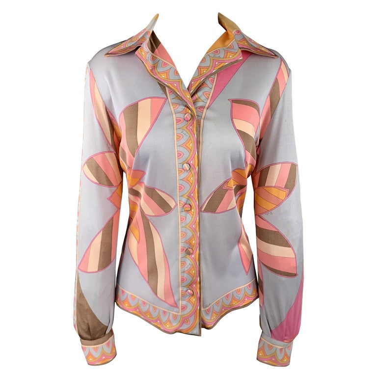EMILIO PUCCI Vintage Size 10 Grey and Pink Floral Print Silk Blend Blouse  at 1stDibs