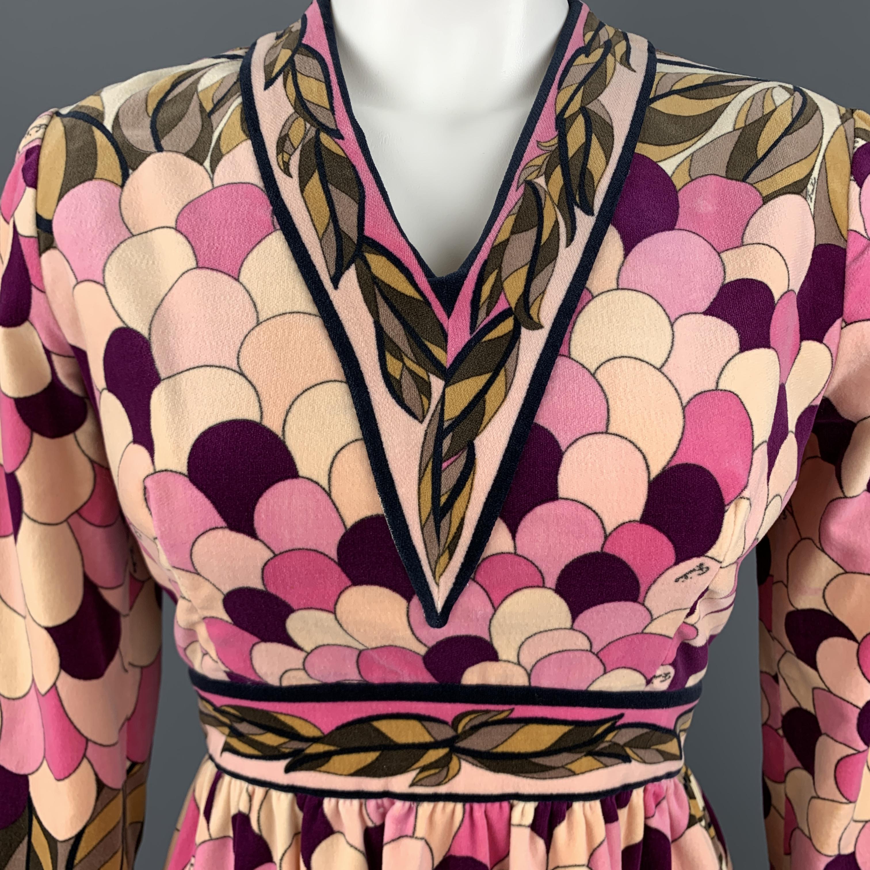 Beige EMILIO PUCCI Vintage Size 10 Pink Print Velvet A Line Long Sleeve Dress