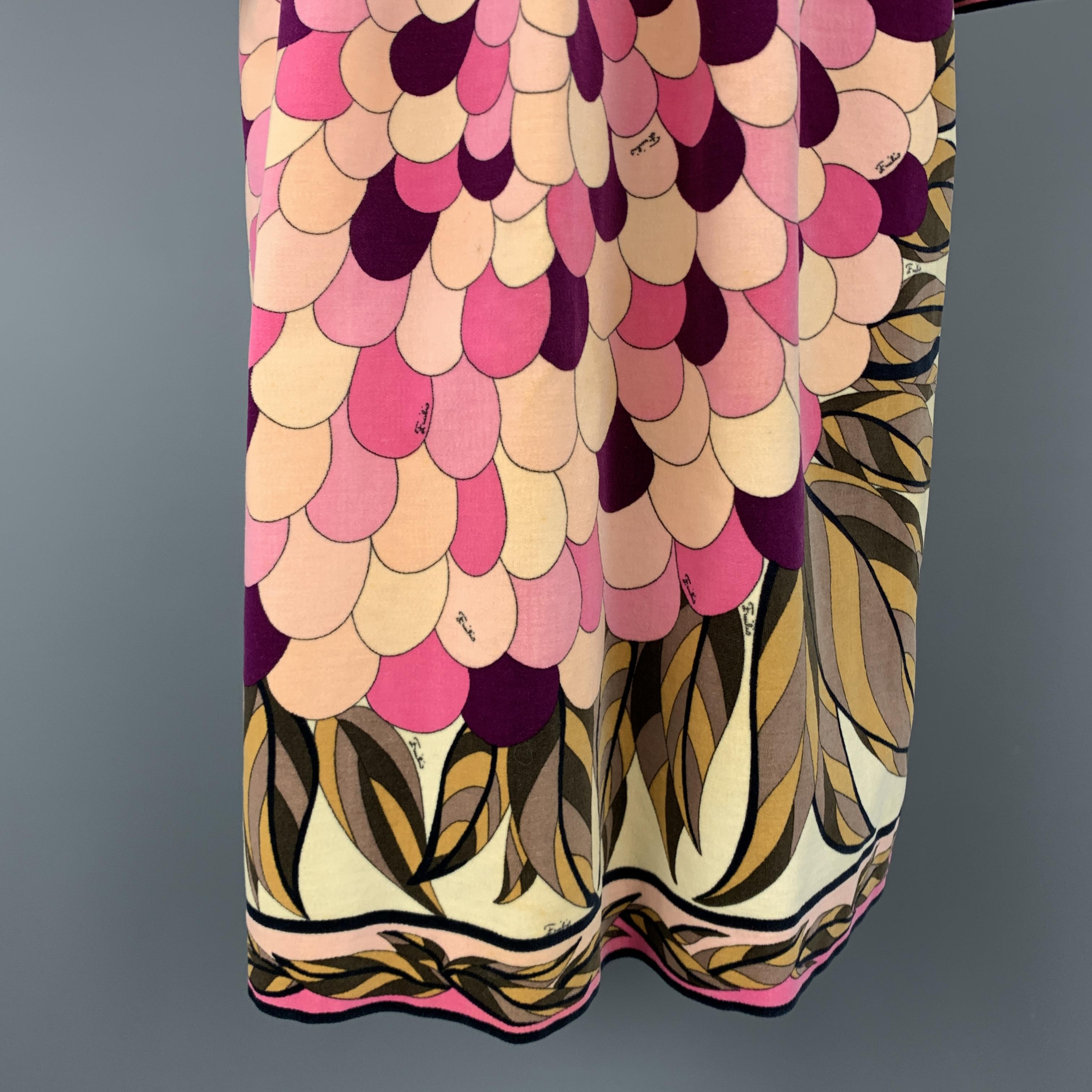 Women's EMILIO PUCCI Vintage Size 10 Pink Print Velvet A Line Long Sleeve Dress