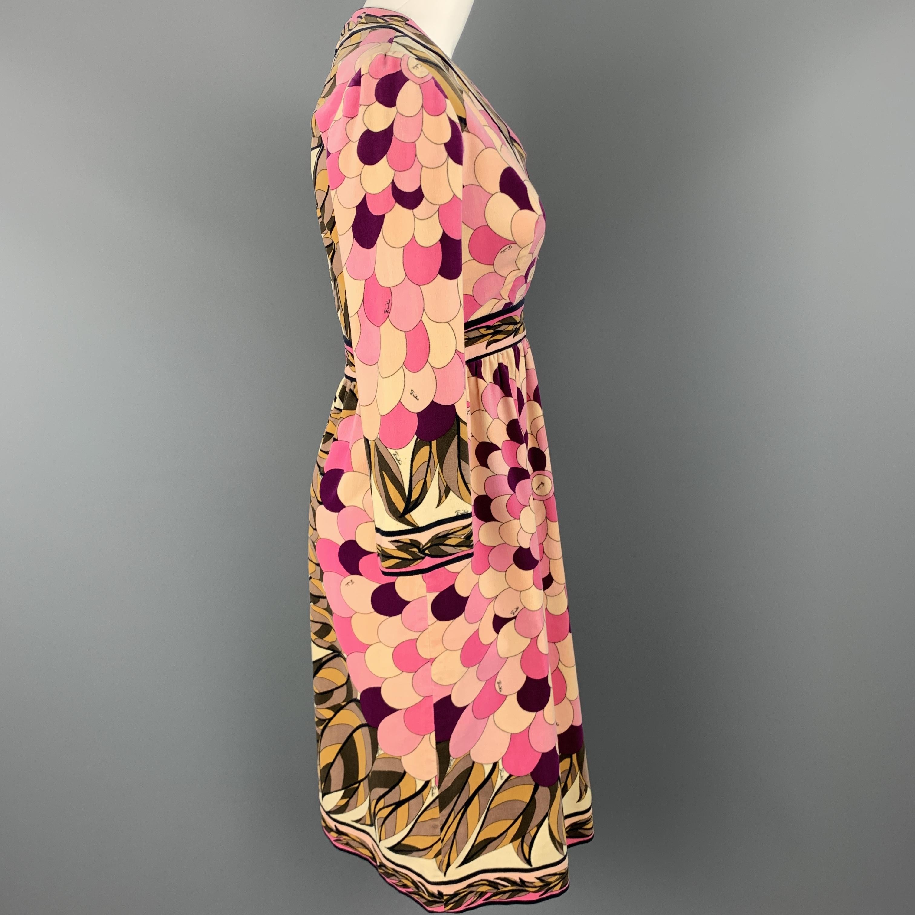 EMILIO PUCCI Vintage Size 10 Pink Print Velvet A Line Long Sleeve Dress 1