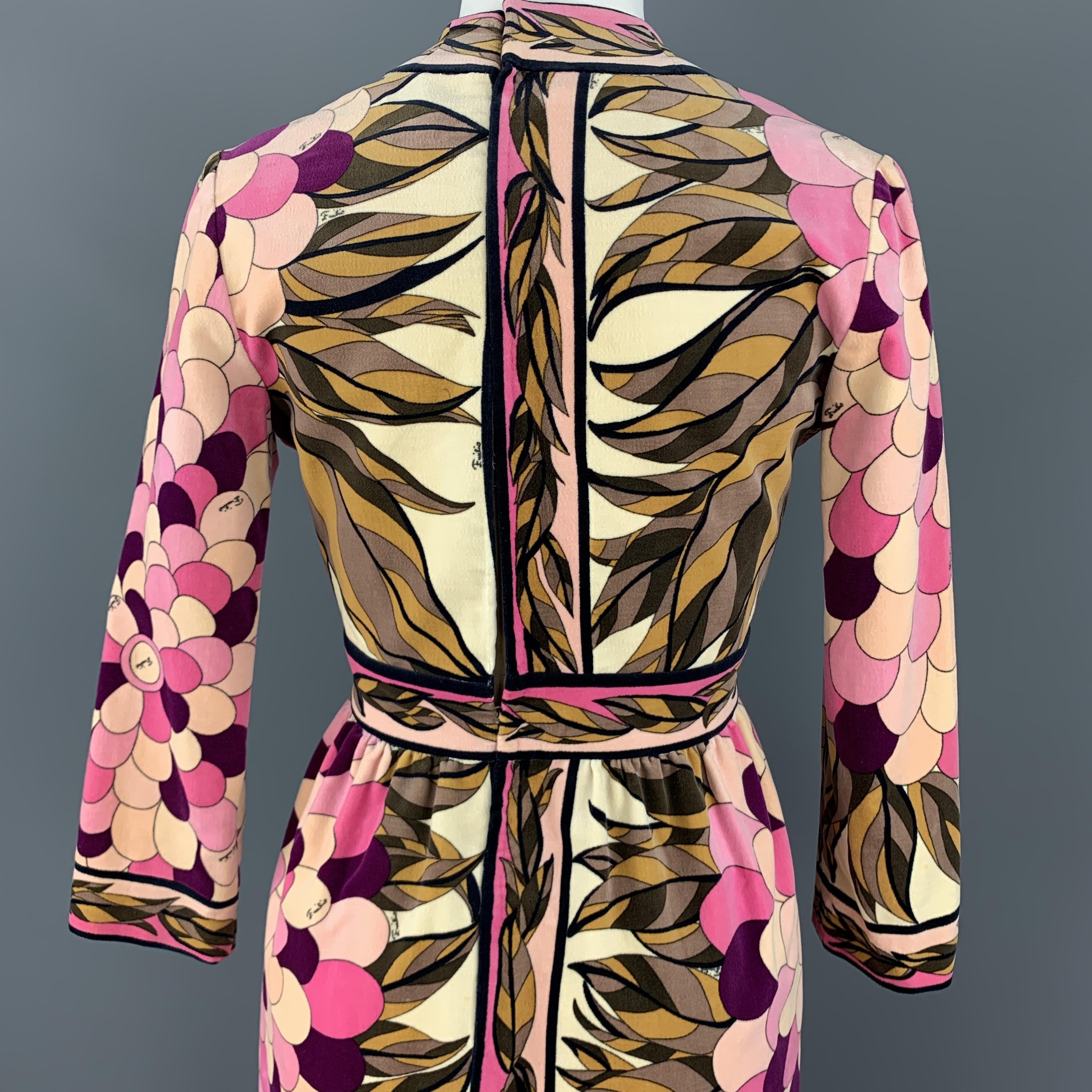 EMILIO PUCCI Vintage Size 10 Pink Print Velvet A Line Long Sleeve Dress 3