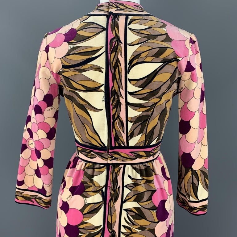 EMILIO PUCCI Vintage Size 10 Pink Print Velvet A Line Long Sleeve Dress ...