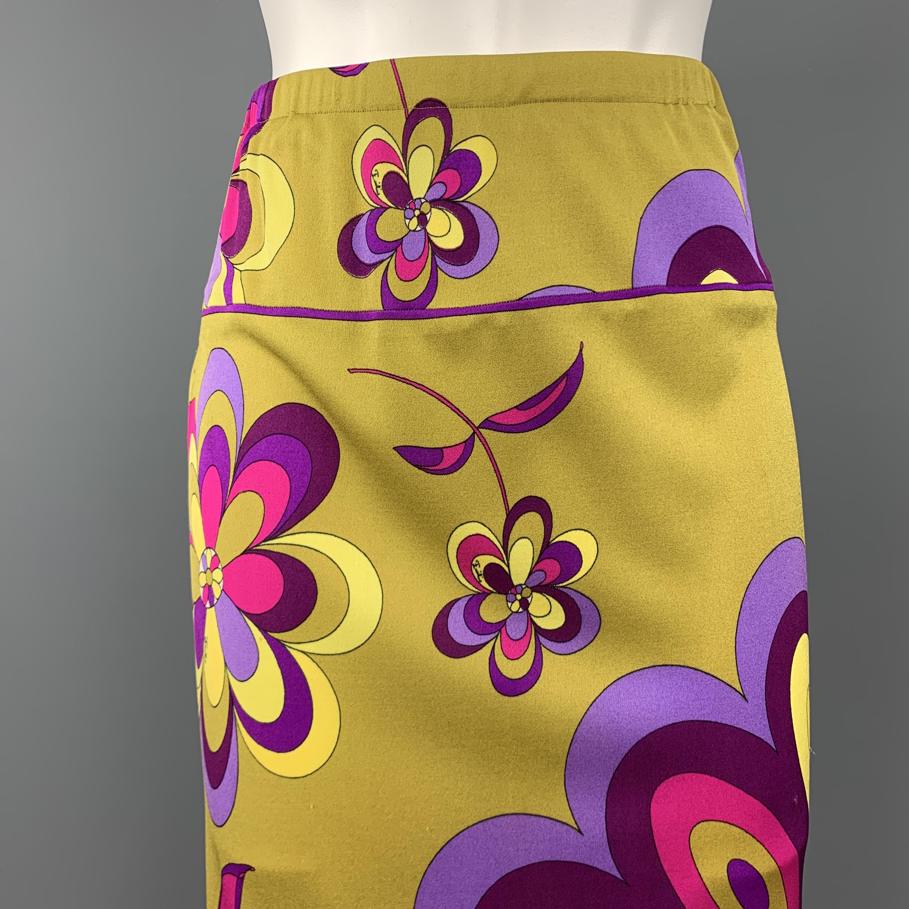 Yellow EMILIO PUCCI Vintage Size 6 Mustard & Purple Print Silk Jersey Maxi Skirt