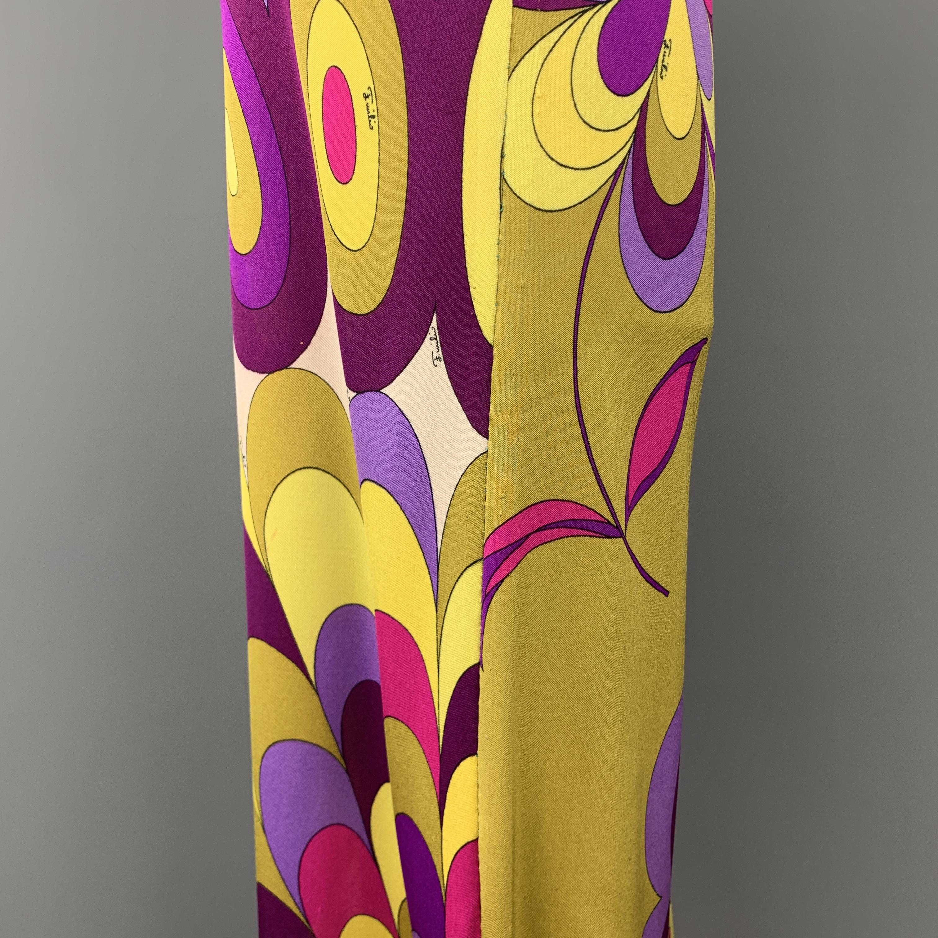 EMILIO PUCCI Vintage Size 6 Mustard & Purple Print Silk Jersey Maxi Skirt 1