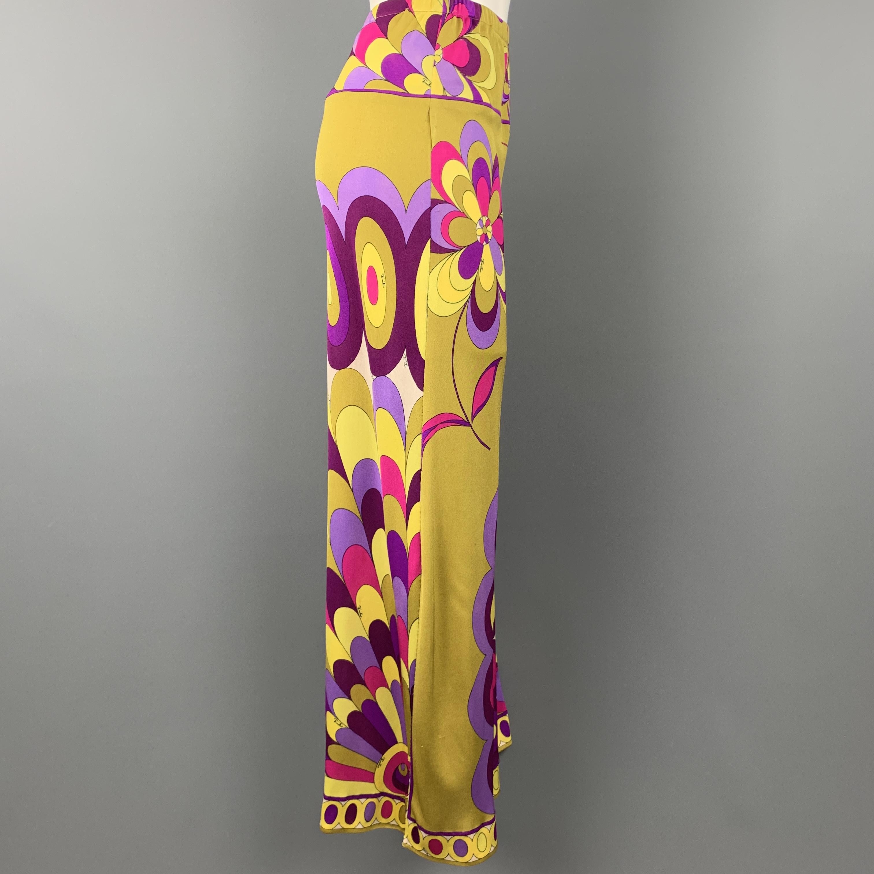 EMILIO PUCCI Vintage Size 6 Mustard & Purple Print Silk Jersey Maxi Skirt 3