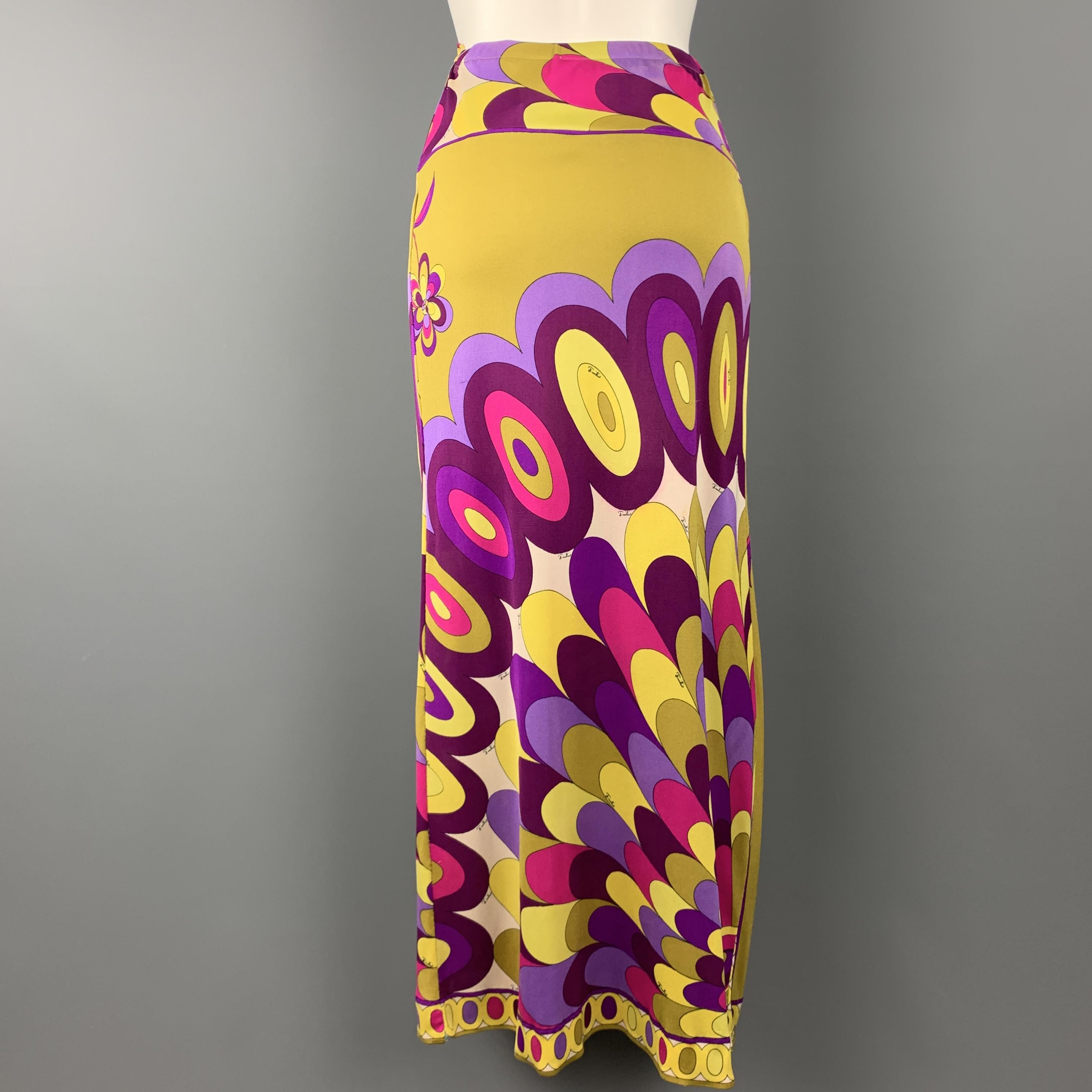 EMILIO PUCCI Vintage Size 6 Mustard & Purple Print Silk Jersey Maxi Skirt 4