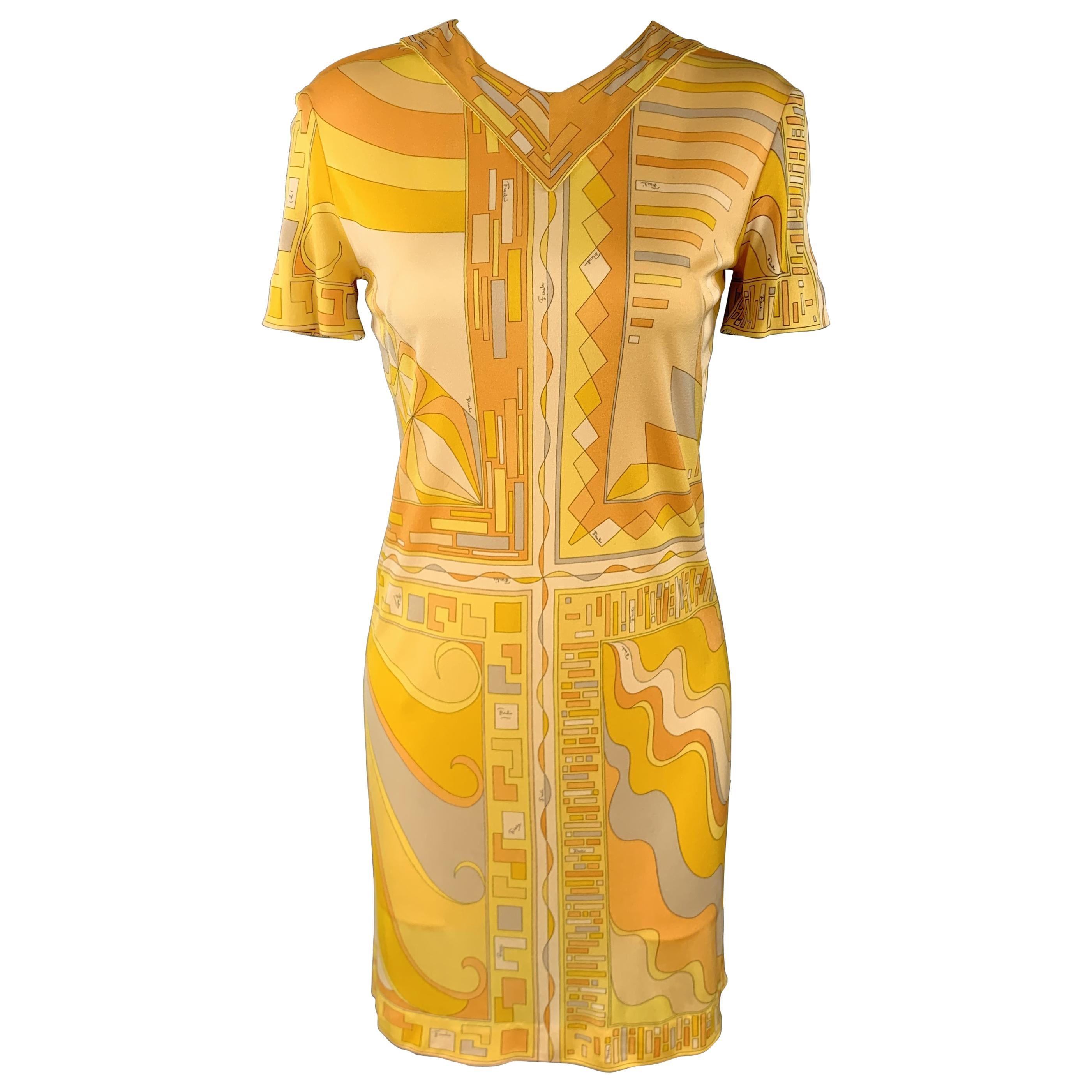 EMILIO PUCCI Vintage Size 6 Yellow Print Silk Shift Dress
