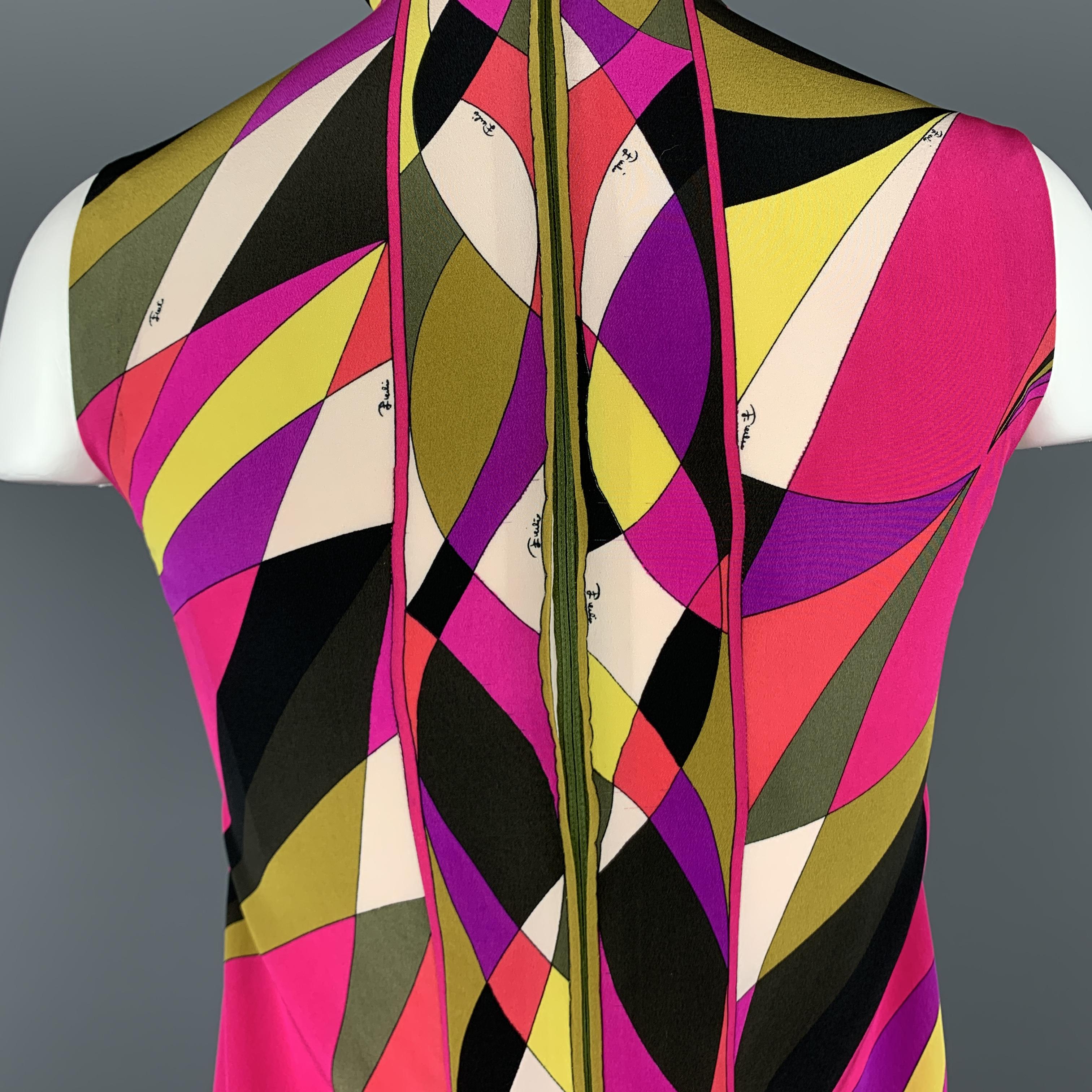 EMILIO PUCCI Vintage Size 8 Pink Silk Print Sleeveless Ruffle Collar Blouse 4