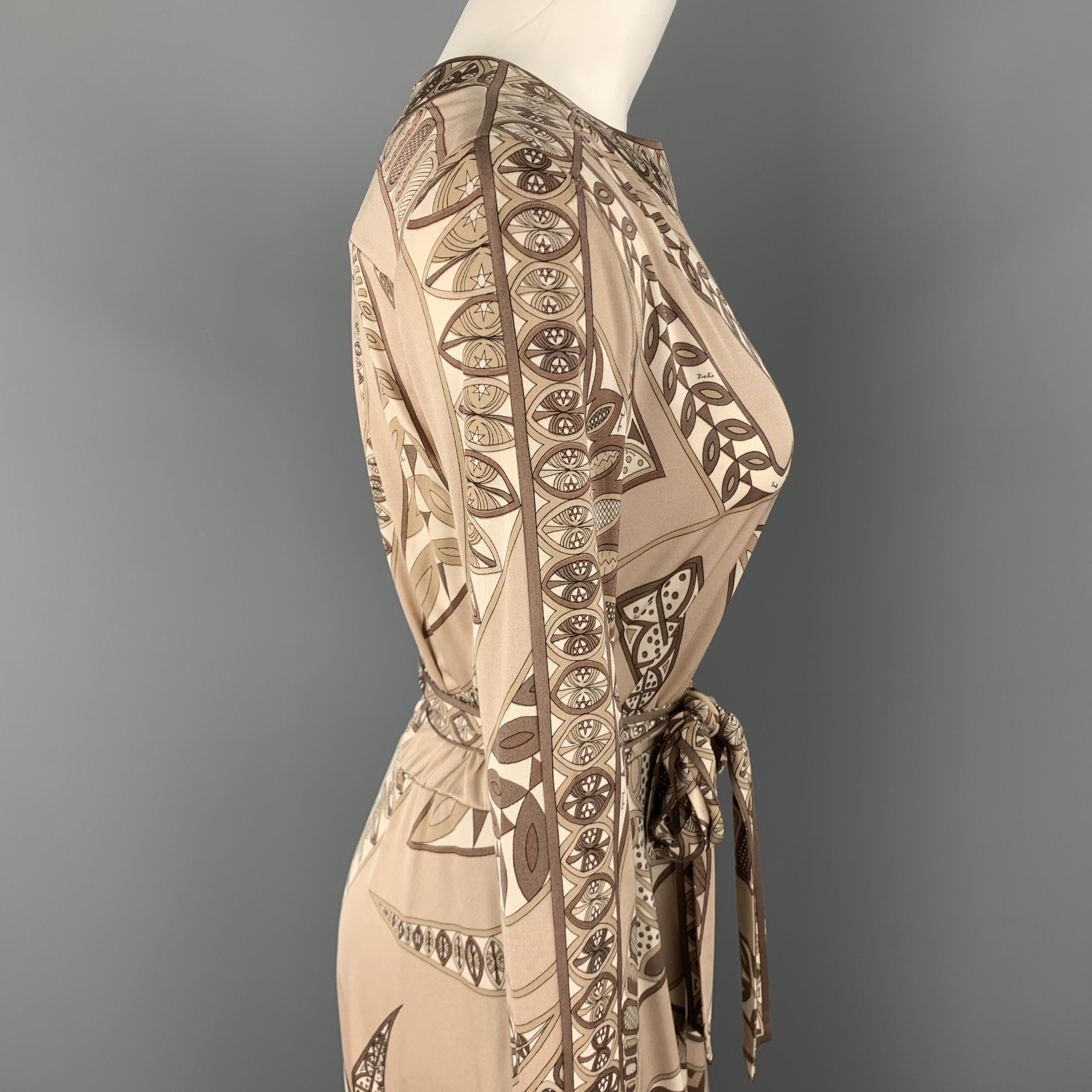 Beige EMILIO PUCCI Vintage Size 8 Taupe Print Silk Long Sleeve Shift Dress