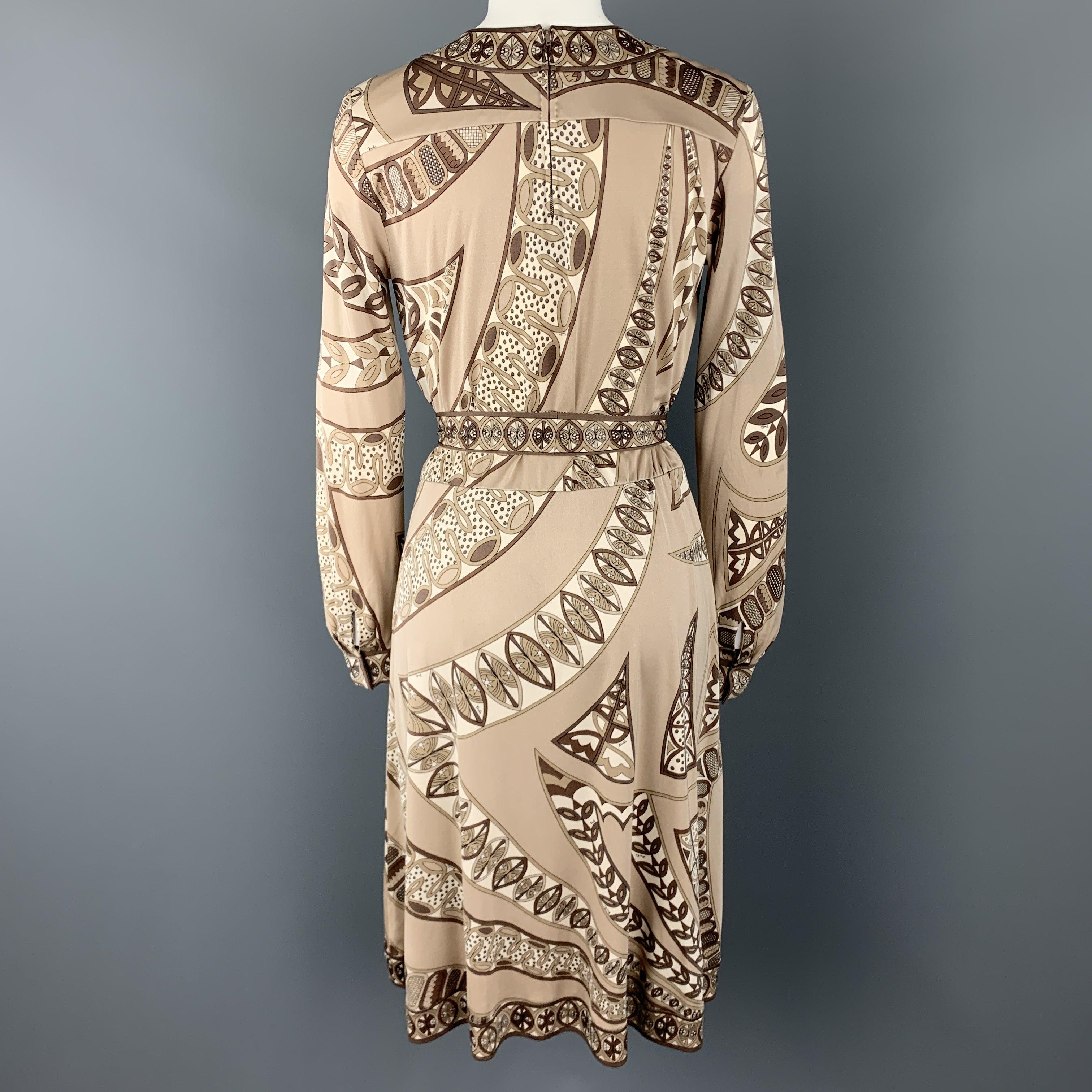 EMILIO PUCCI Vintage Size 8 Taupe Print Silk Long Sleeve Shift Dress For Sale 3